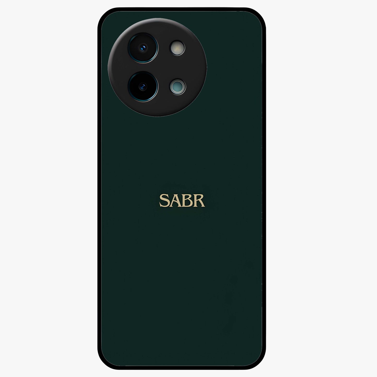 Sabr Minimal Patience Glass Case showing flat back view with minimalist typography artwork and glossy glass finish.