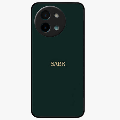 Sabr Minimal Patience Glass Case showing flat back view with minimalist typography artwork and glossy glass finish.