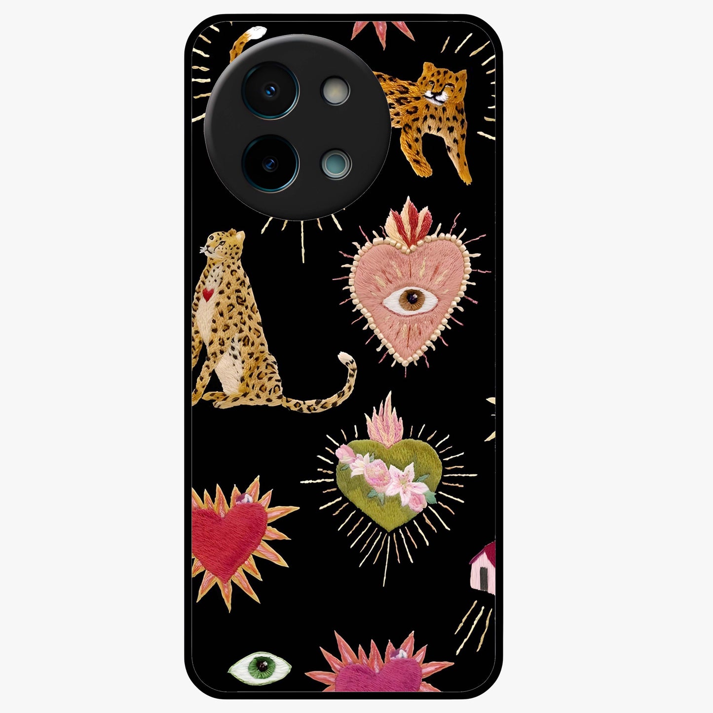 Sacred Jungle Heart Glass Case showing flat back view with jungle inspired heart artwork and glossy glass finish.