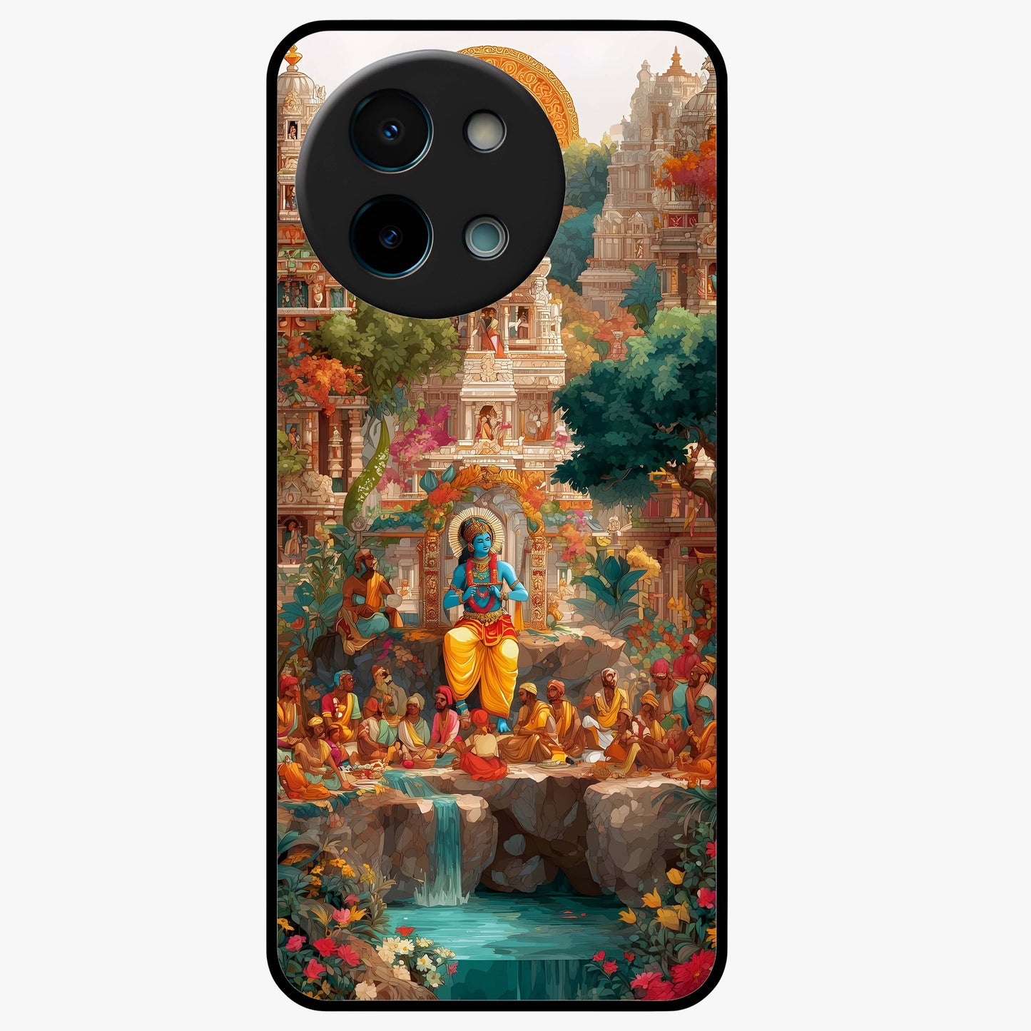 Sacred Sunlight Gods Glass Case showing flat back view with divine sunlight themed artwork and glossy glass finish.