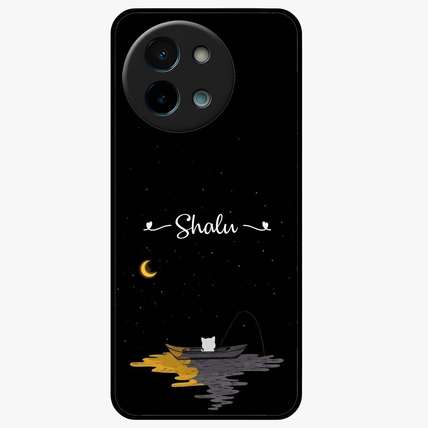 Silent Night Row Glass Case showing flat back view with calm night themed artwork and glossy glass finish.