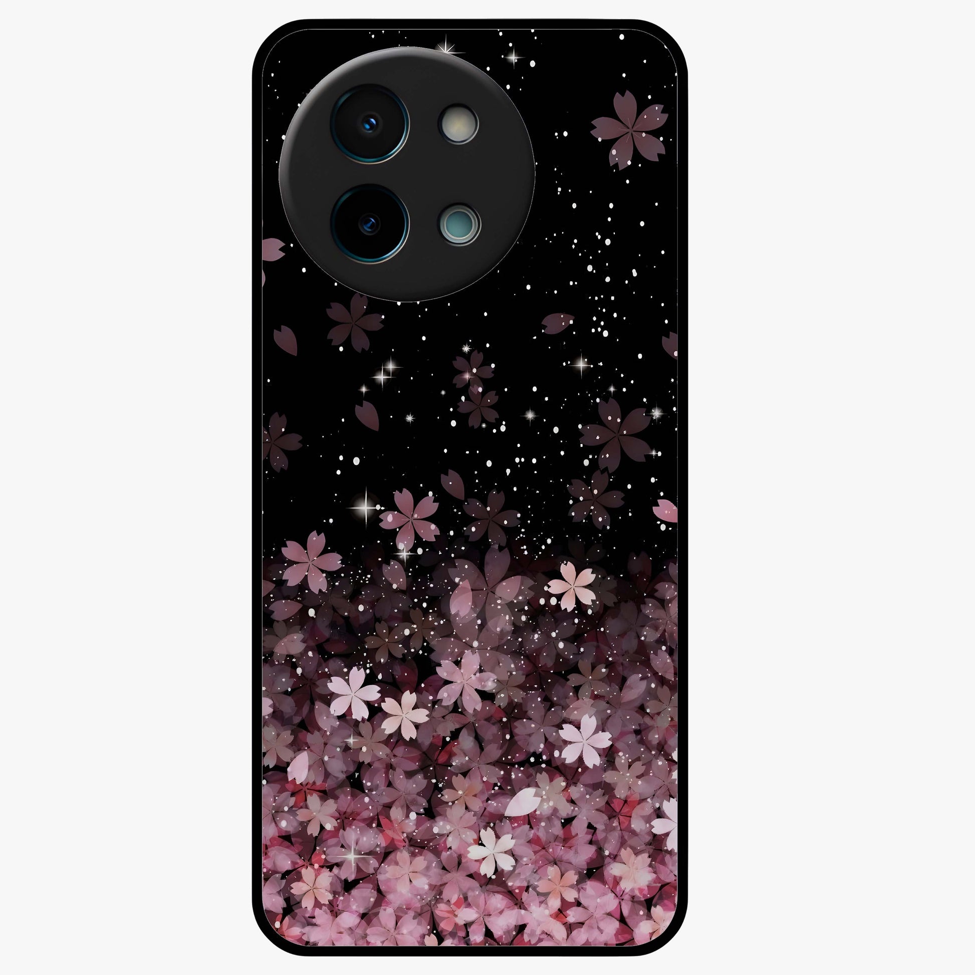 Small Starry Flowers Glass Case showing flat back view with delicate starry floral artwork and glossy glass finish.