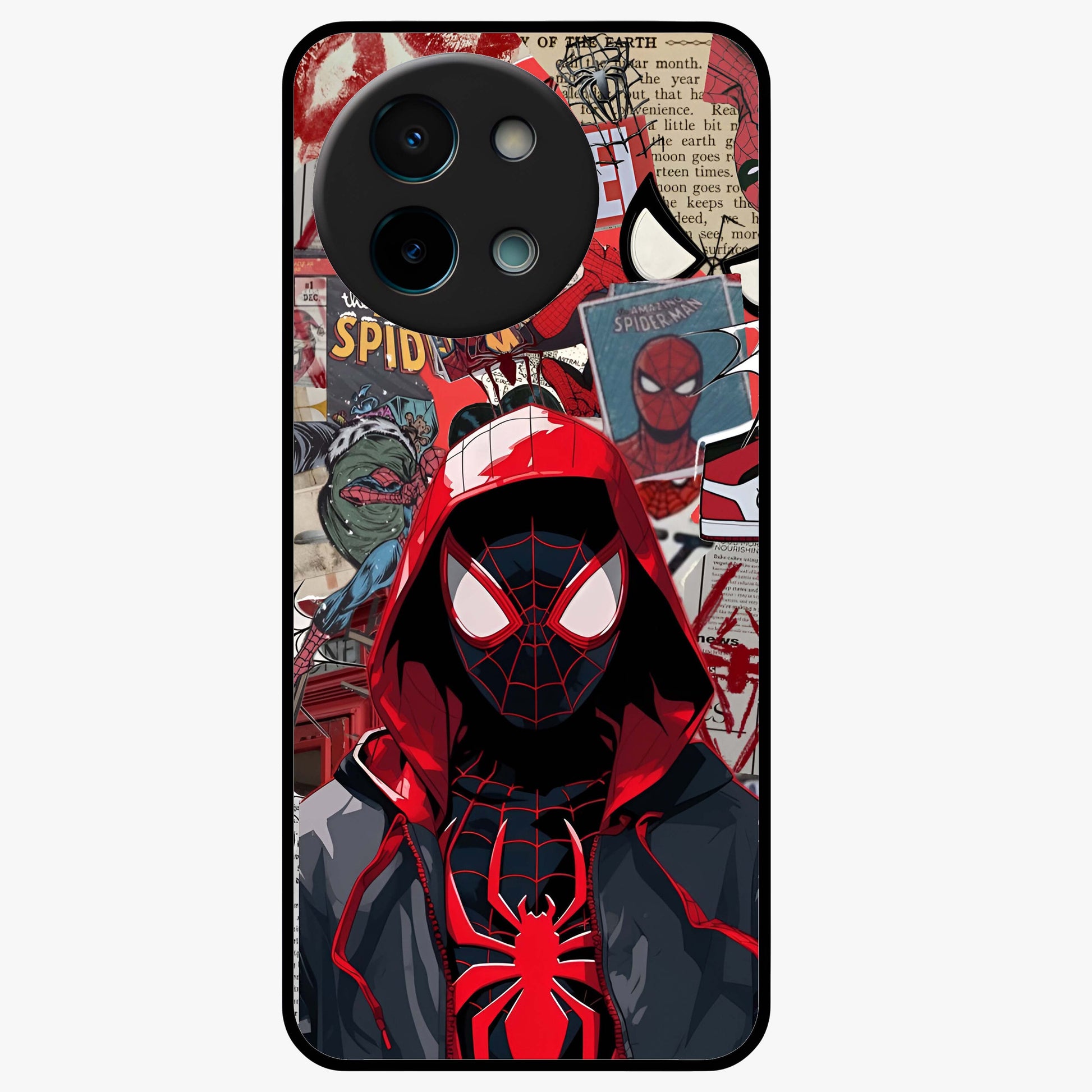 Spider Collage Street Glass Case showing flat back view with vibrant superhero collage artwork and glossy glass finish.