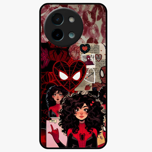 Spider Love Story Glass Case showing flat back view with romantic superhero themed artwork and glossy glass finish.