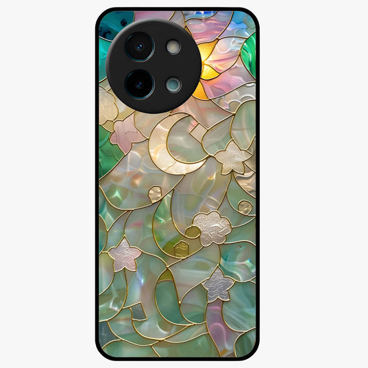 Stained Sunrise Glow Glass Case showing flat back view with glowing sunrise stained pattern artwork and glossy glass finish.
