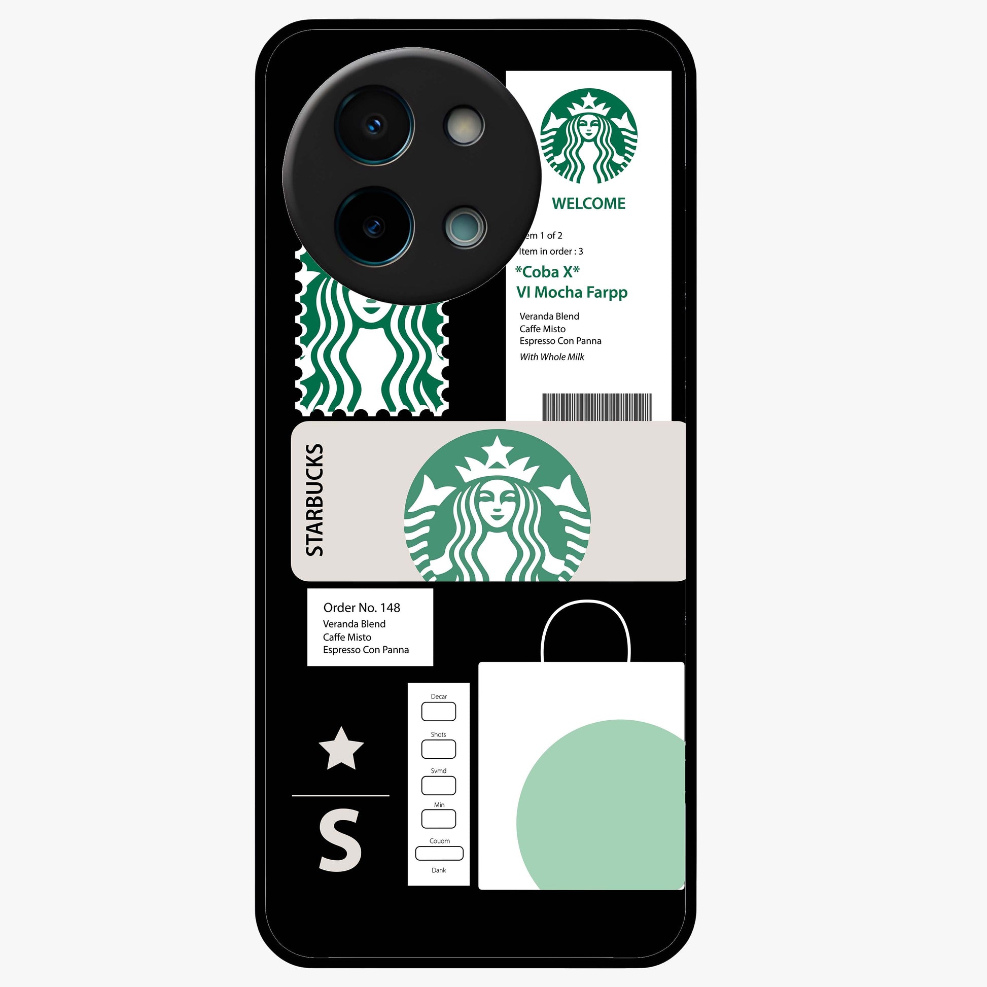 Starbucks Mocha Glass Case showing flat back view with coffee inspired artwork and glossy glass finish.