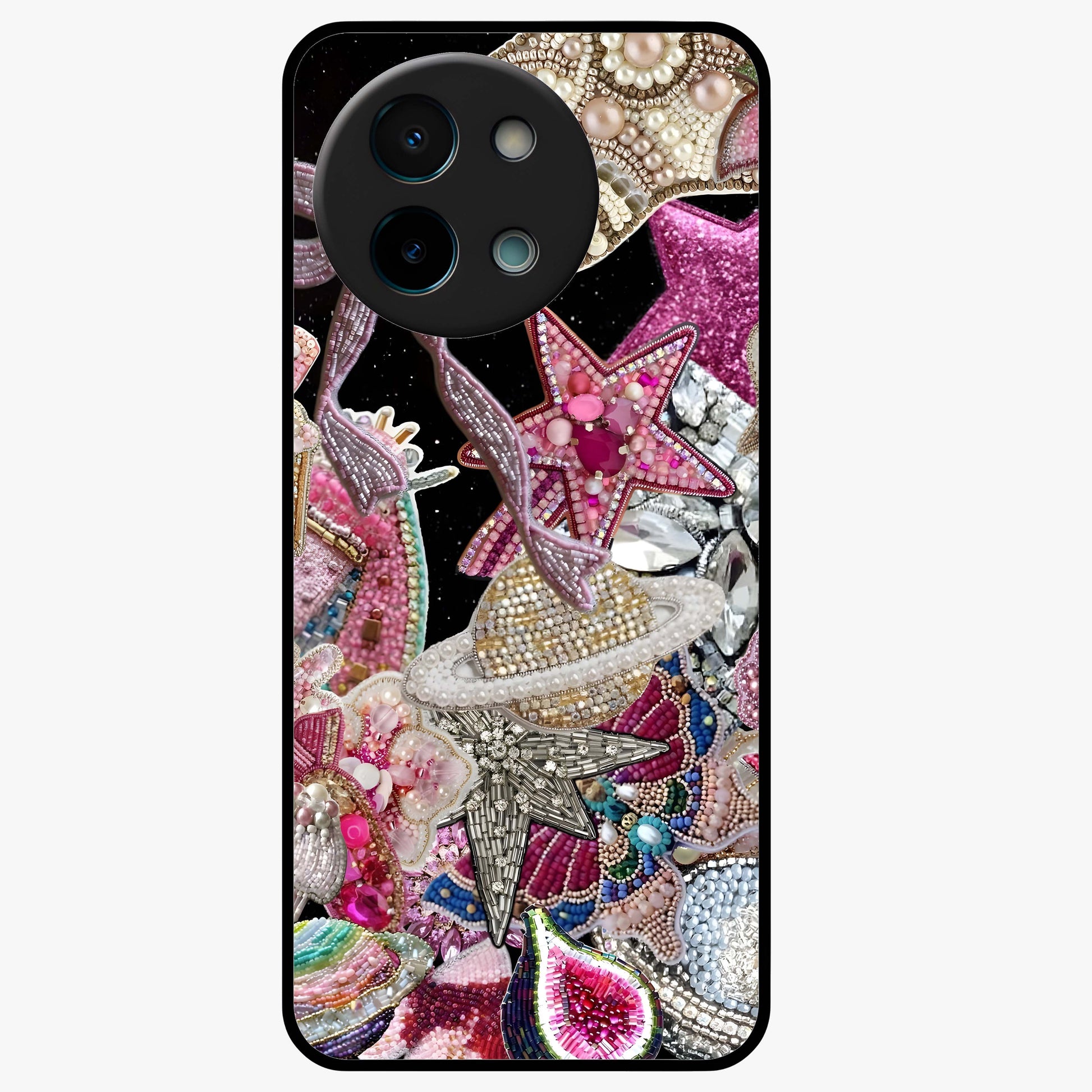 Starlit Jewel Dream Glass Case showing flat back view with sparkling jewel and star themed artwork and glossy glass finish.