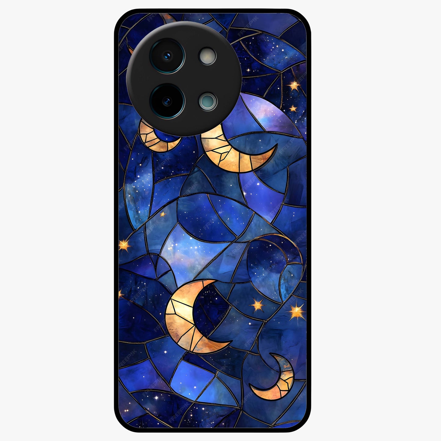 Starlit Sky Tapestry Glass Case showing flat back view with decorative starry sky tapestry artwork and glossy glass finish.