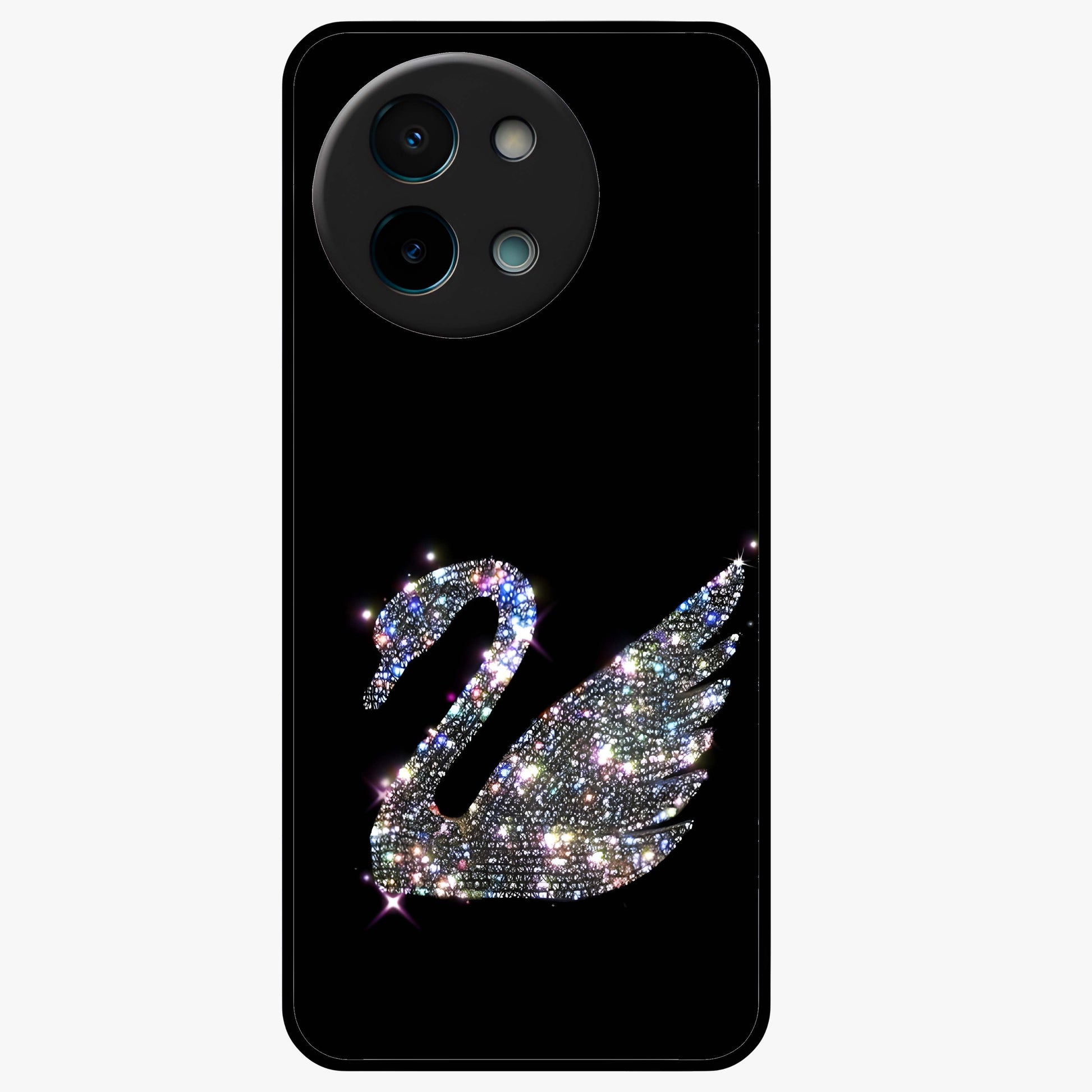 Starlit Swan Grace Glass Case showing flat back view with graceful swan artwork under starry sky and glossy glass finish.
