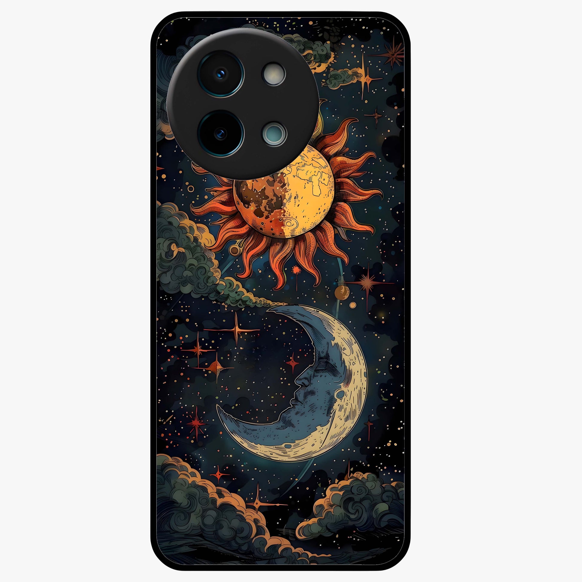 Sun And Moon Magic Design Glass Case showing flat back view with mystical sun and moon artwork and glossy glass finish.