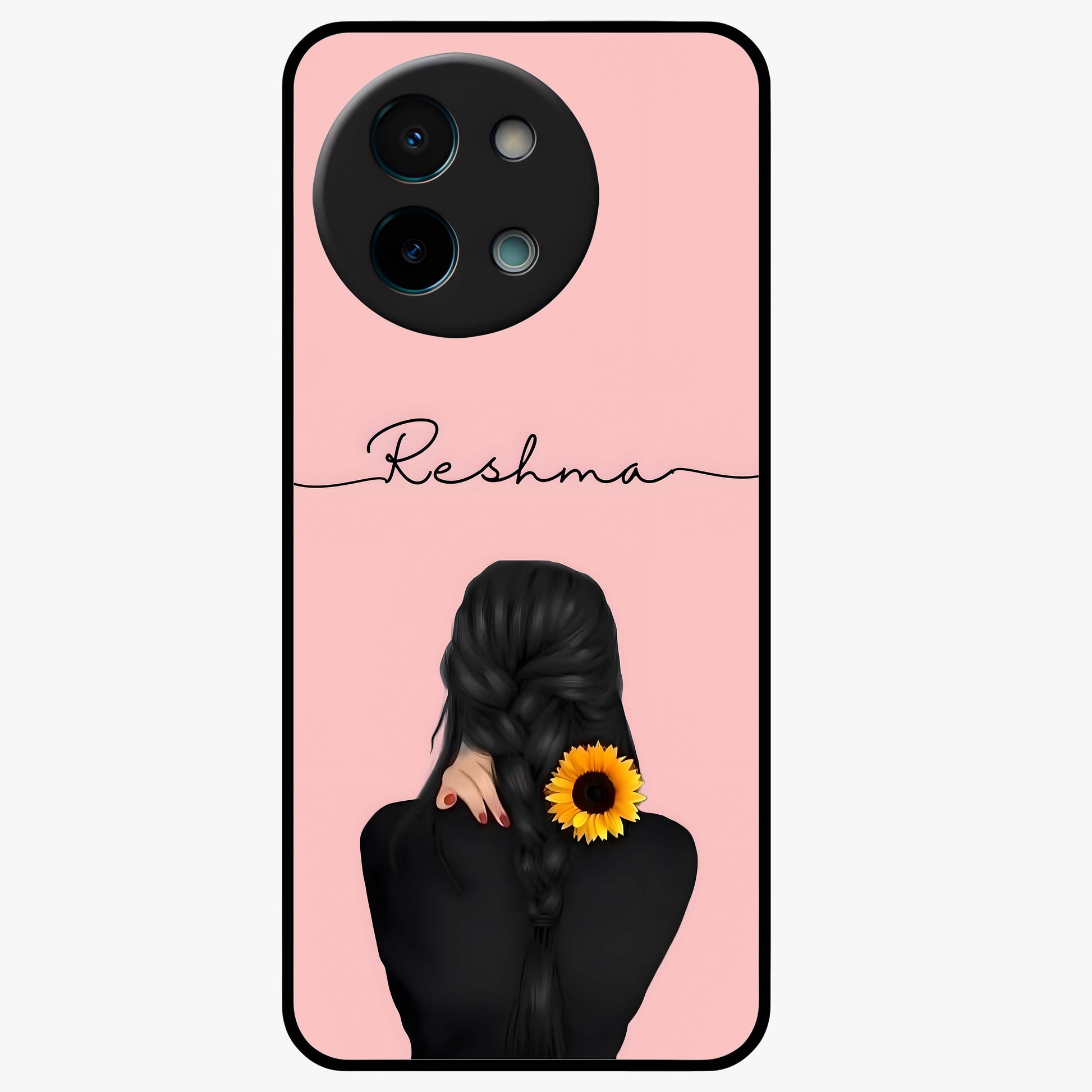 Sunflower Braid Beauty With Custom Name Glass Case showing flat back view with sunflower braid artwork and personalized name design.