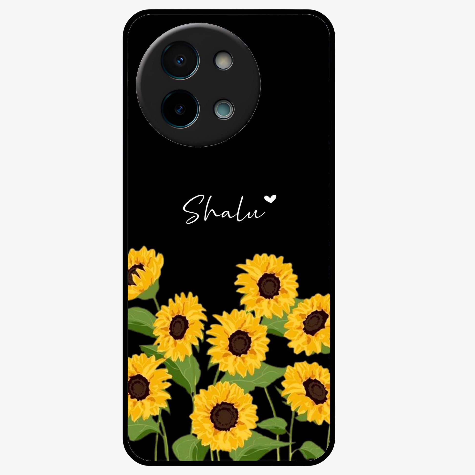 Sunflower Chic Mood Custom Name Glass Case showing flat back view with stylish sunflower artwork and personalized name design.