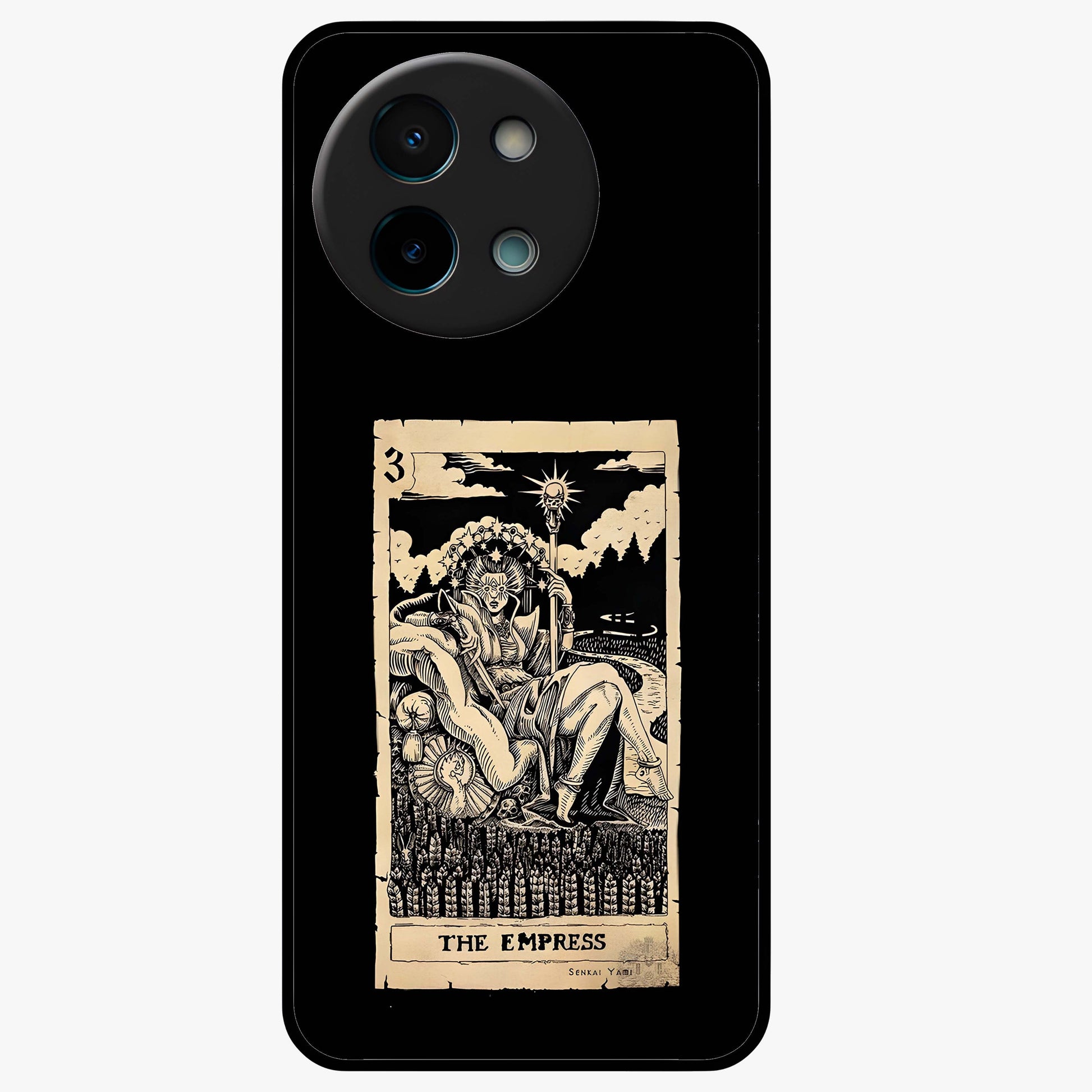 The Empress Glass Case showing flat back view with regal feminine artwork and glossy glass finish.