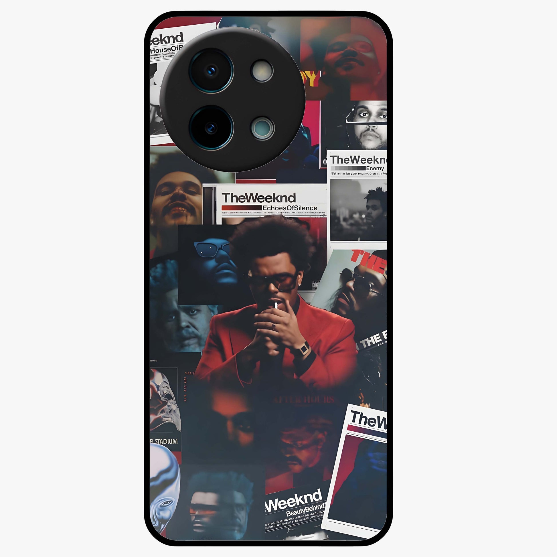 The Weeknd Glass Case showing flat back view with music inspired artistic portrait artwork and glossy glass finish.