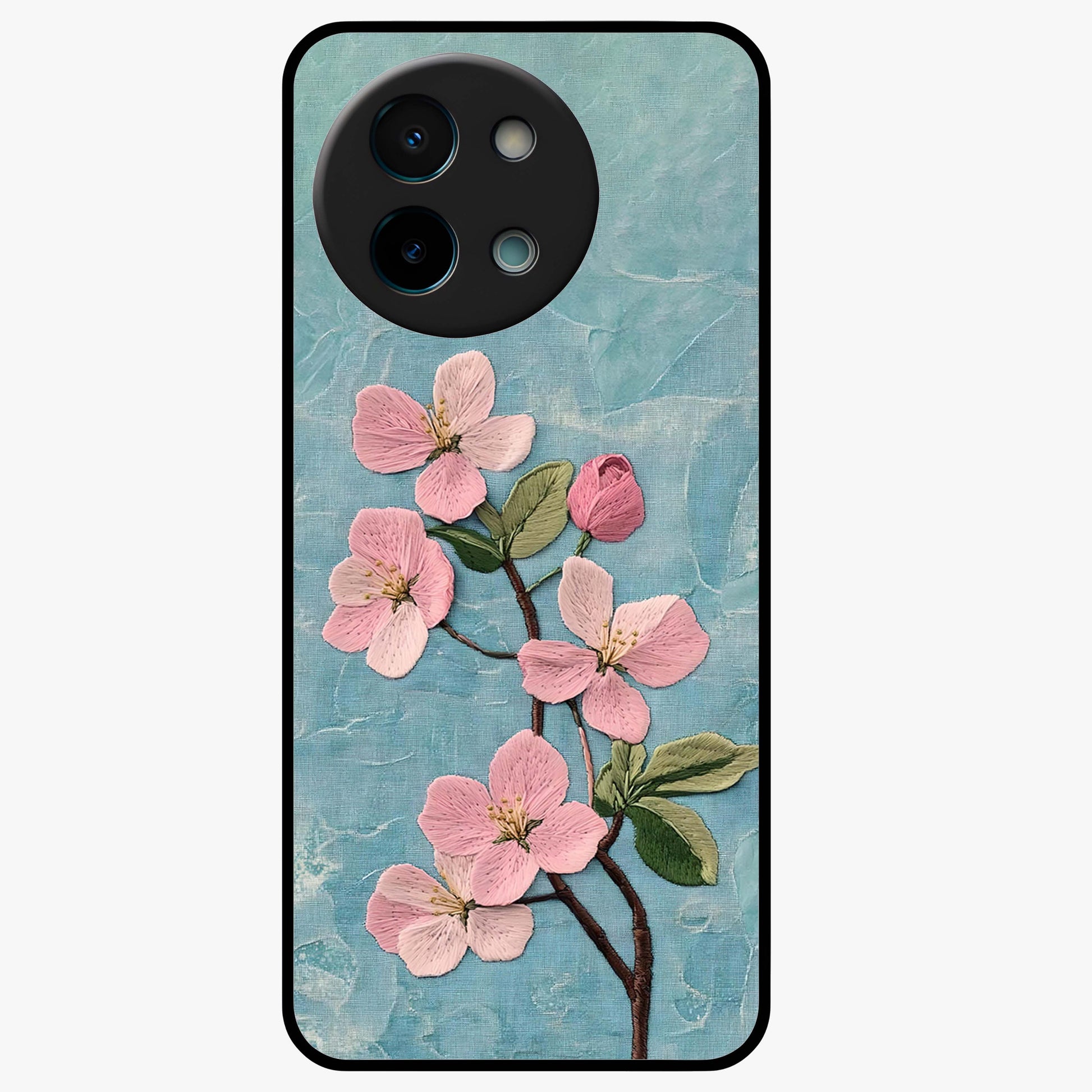 Threaded Blossom Breeze Glass Case showing flat back view with delicate blossom artwork and glossy glass finish.