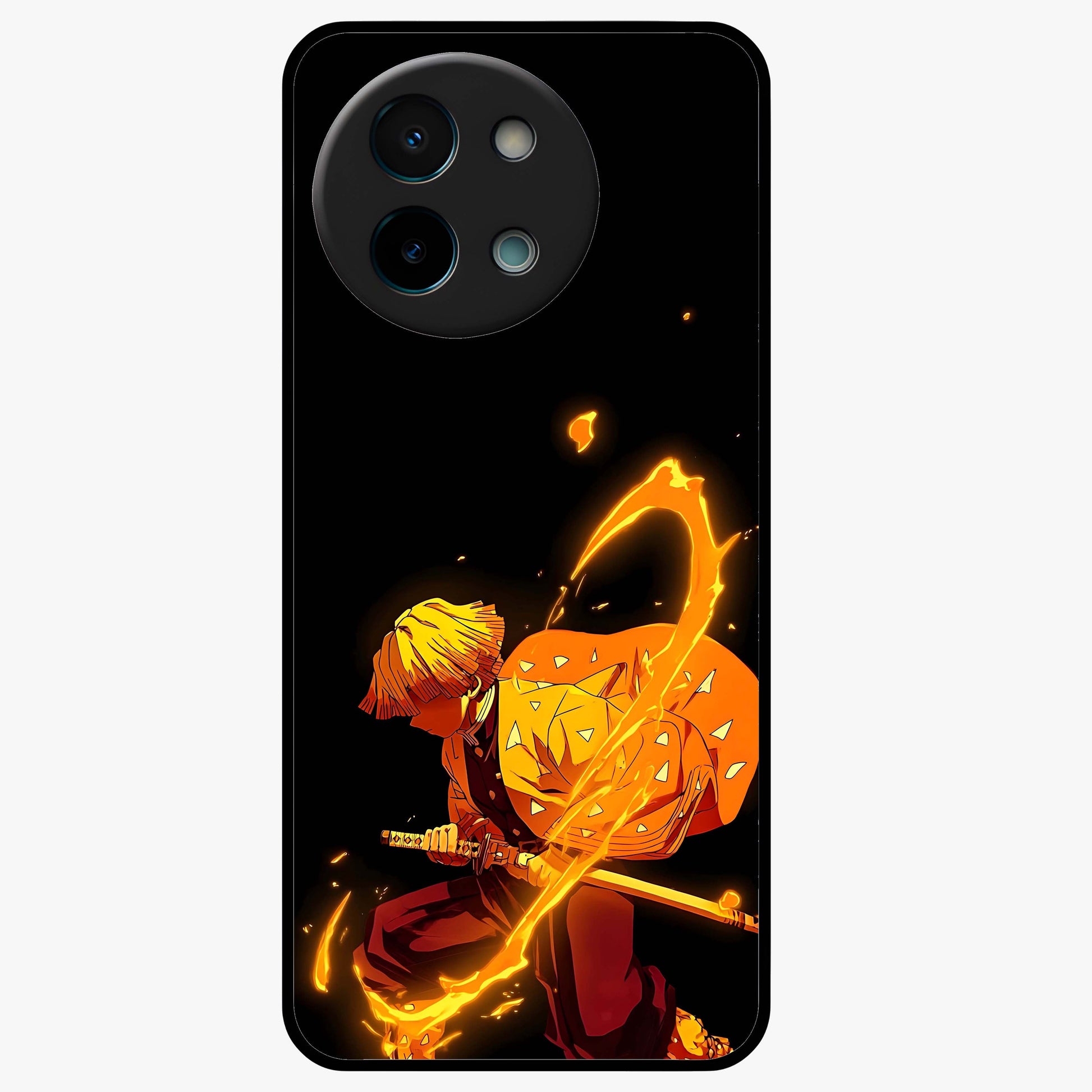Thunder Flame Execution Glass Case showing flat back view with powerful flame and lightning artwork and glossy glass finish.