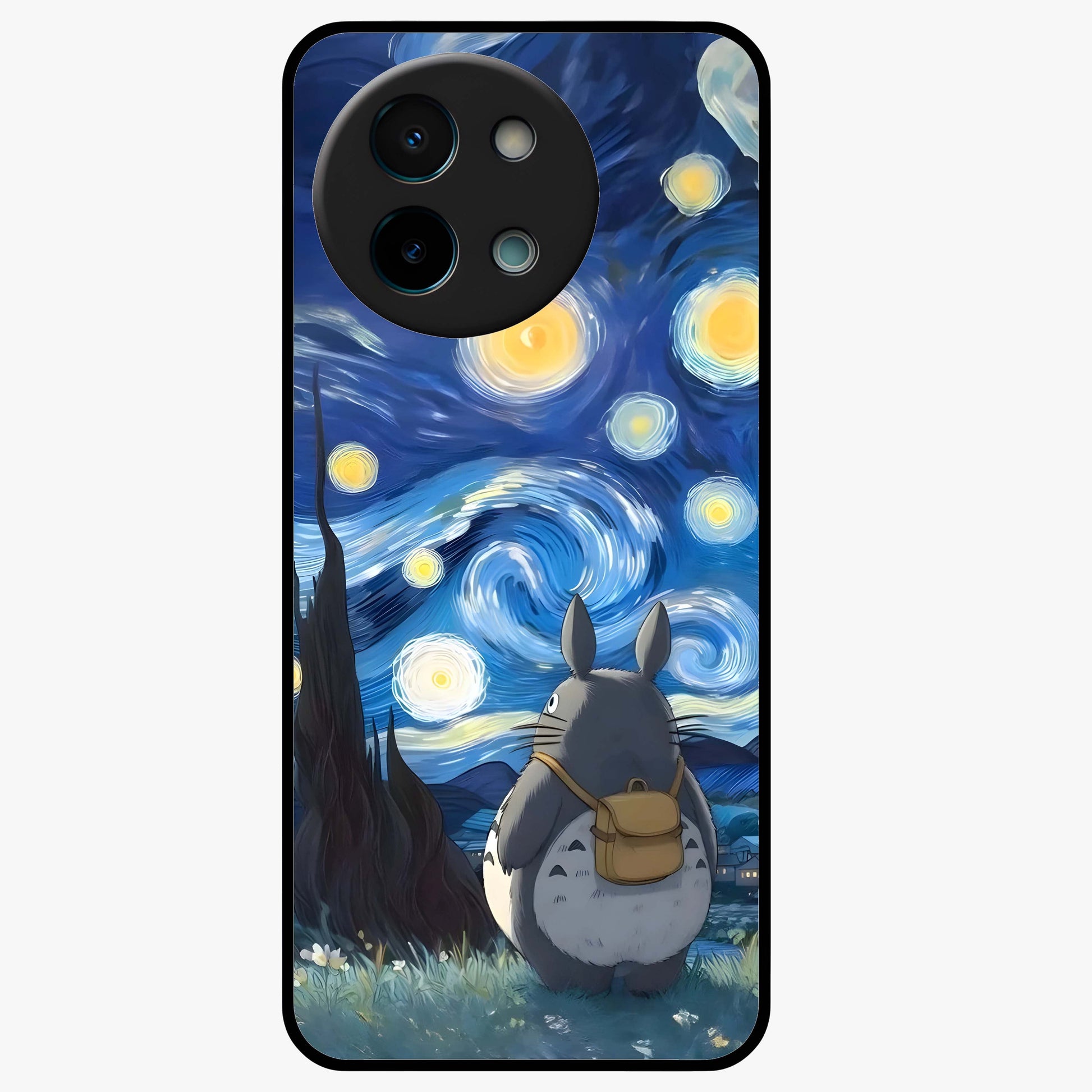 Totoro In Van Gogh Art Glass Case showing flat back view with whimsical character artwork inspired by Van Gogh style and glossy glass finish.