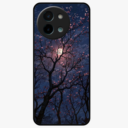 Twilight Sakura Serenade Glass Case showing flat back view with cherry blossom artwork at twilight and glossy glass finish.