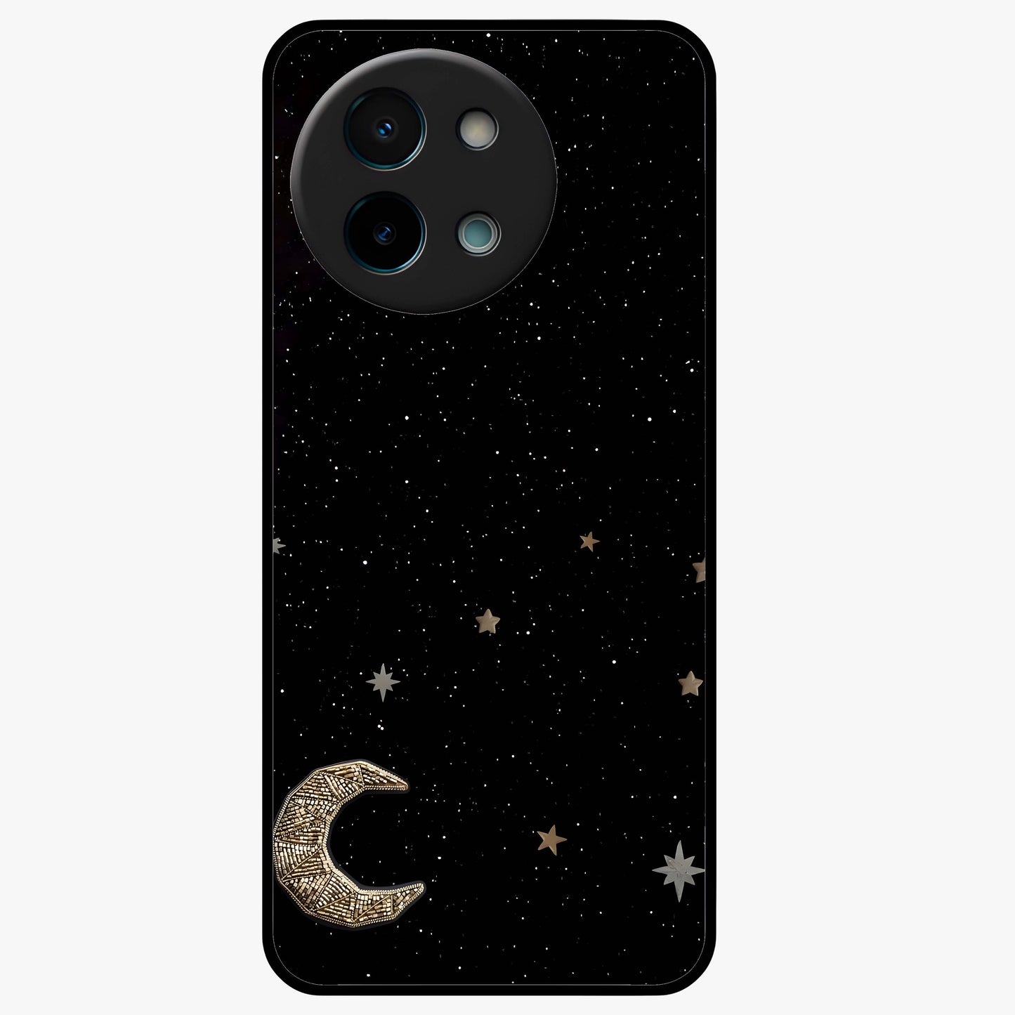Twinkle Star With Half Moon Glass Case showing flat back view with star and half moon artwork and glossy glass finish.