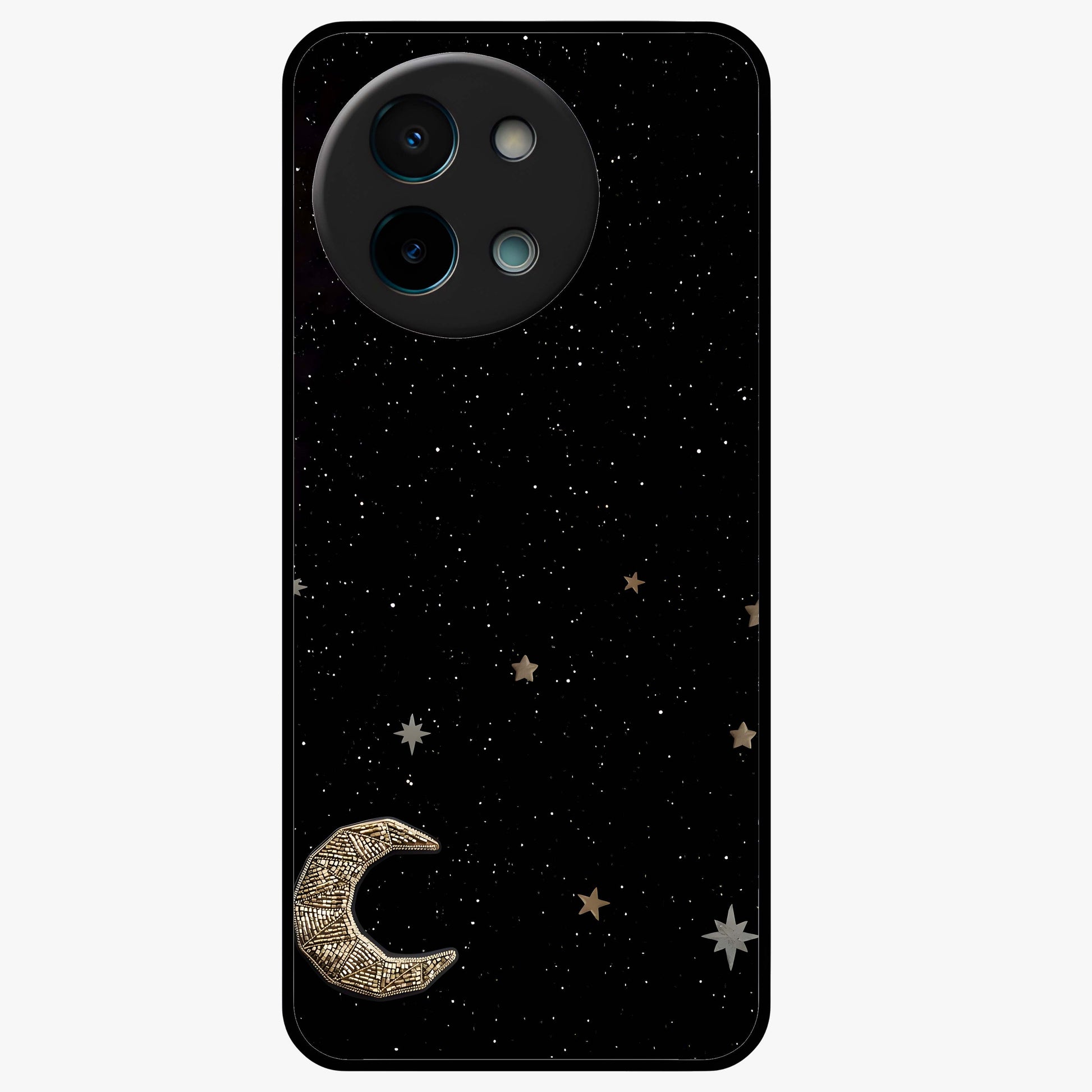 Twinkle Star With Half Moon Glass Case showing flat back view with star and half moon artwork and glossy glass finish.