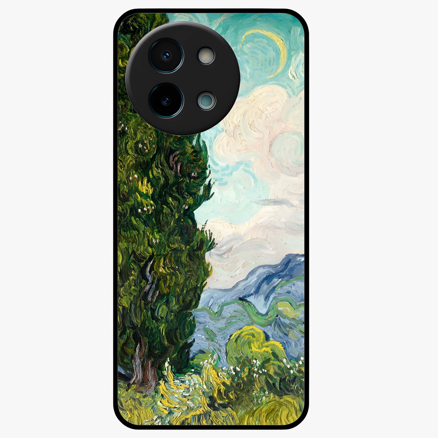 Van Gogh Vintage Art Glass Case showing flat back view with vintage painterly artwork inspired by Van Gogh style and glossy glass finish.