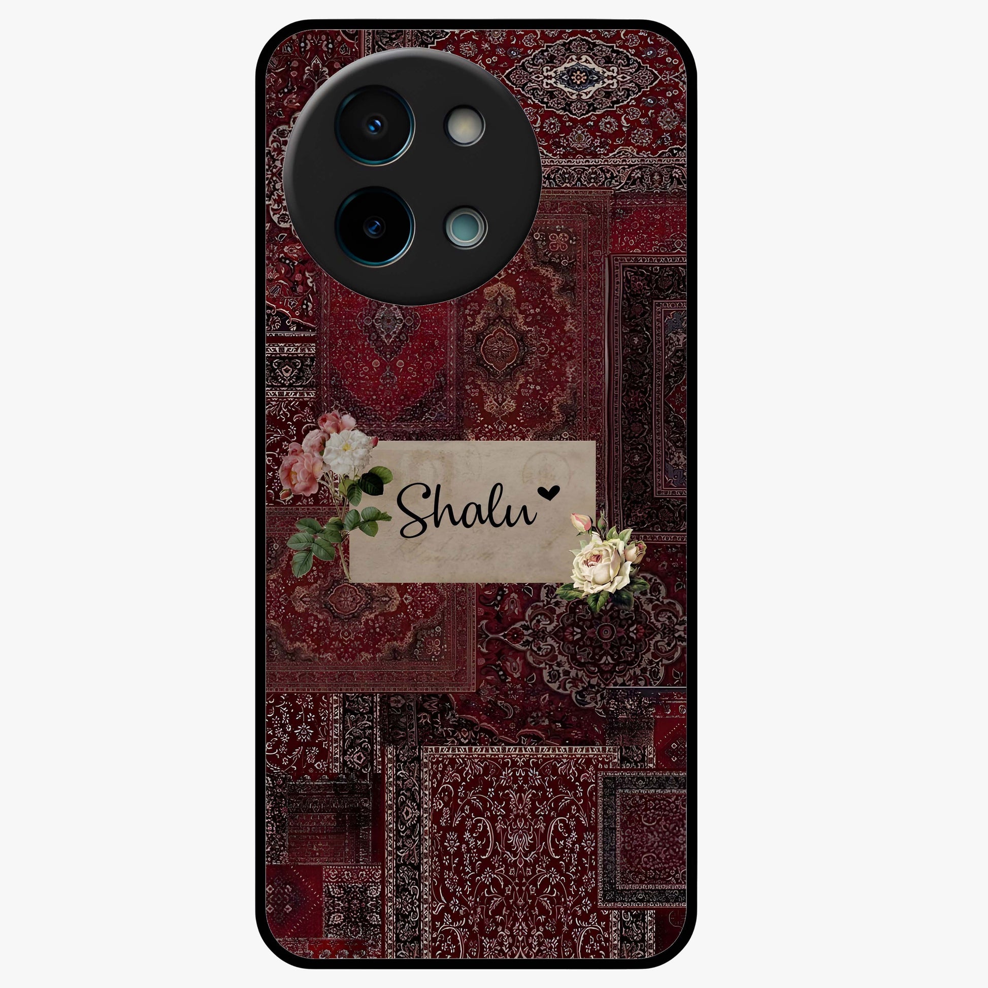 Velvet Wine Pattern Custom Name Glass Case showing flat back view with elegant wine colored pattern artwork and personalized name design.