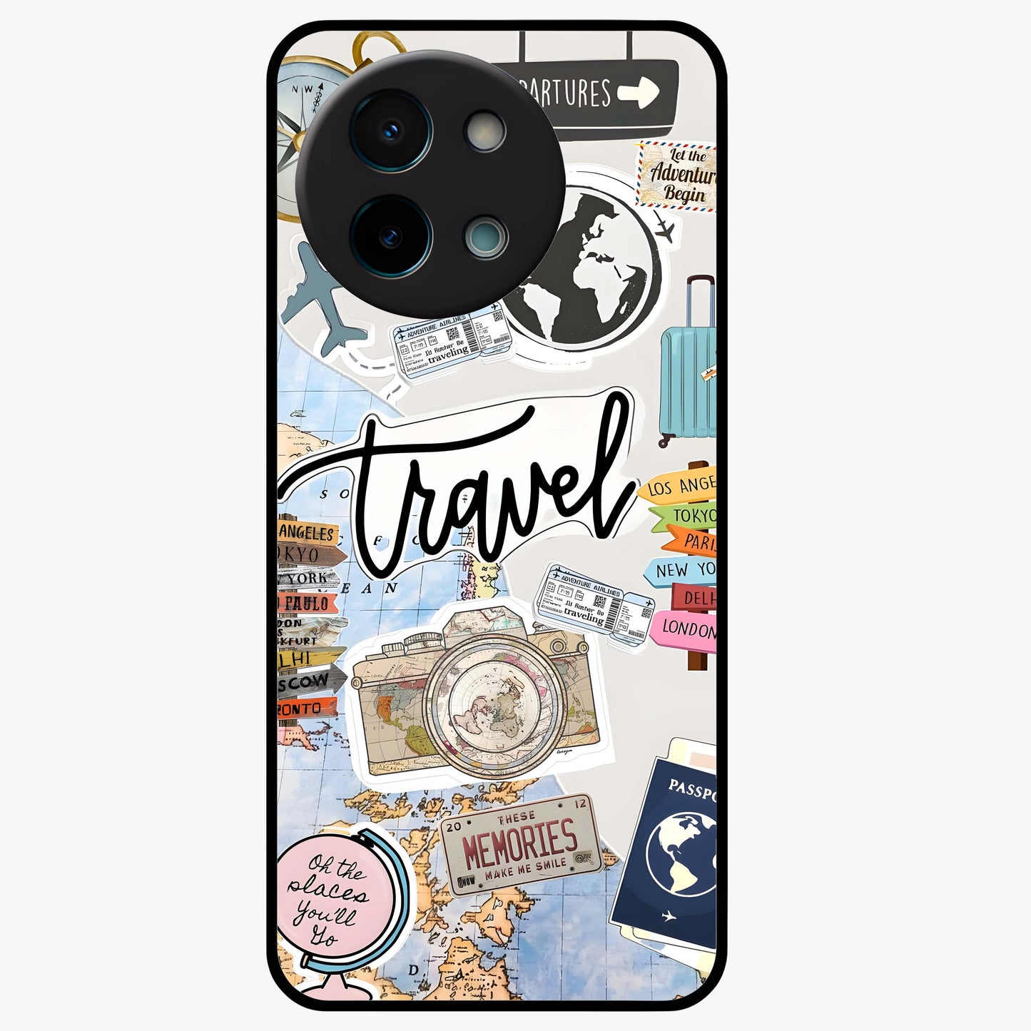 Wanderlust Journal Glass Case showing flat back view with travel inspired artwork and glossy glass finish.