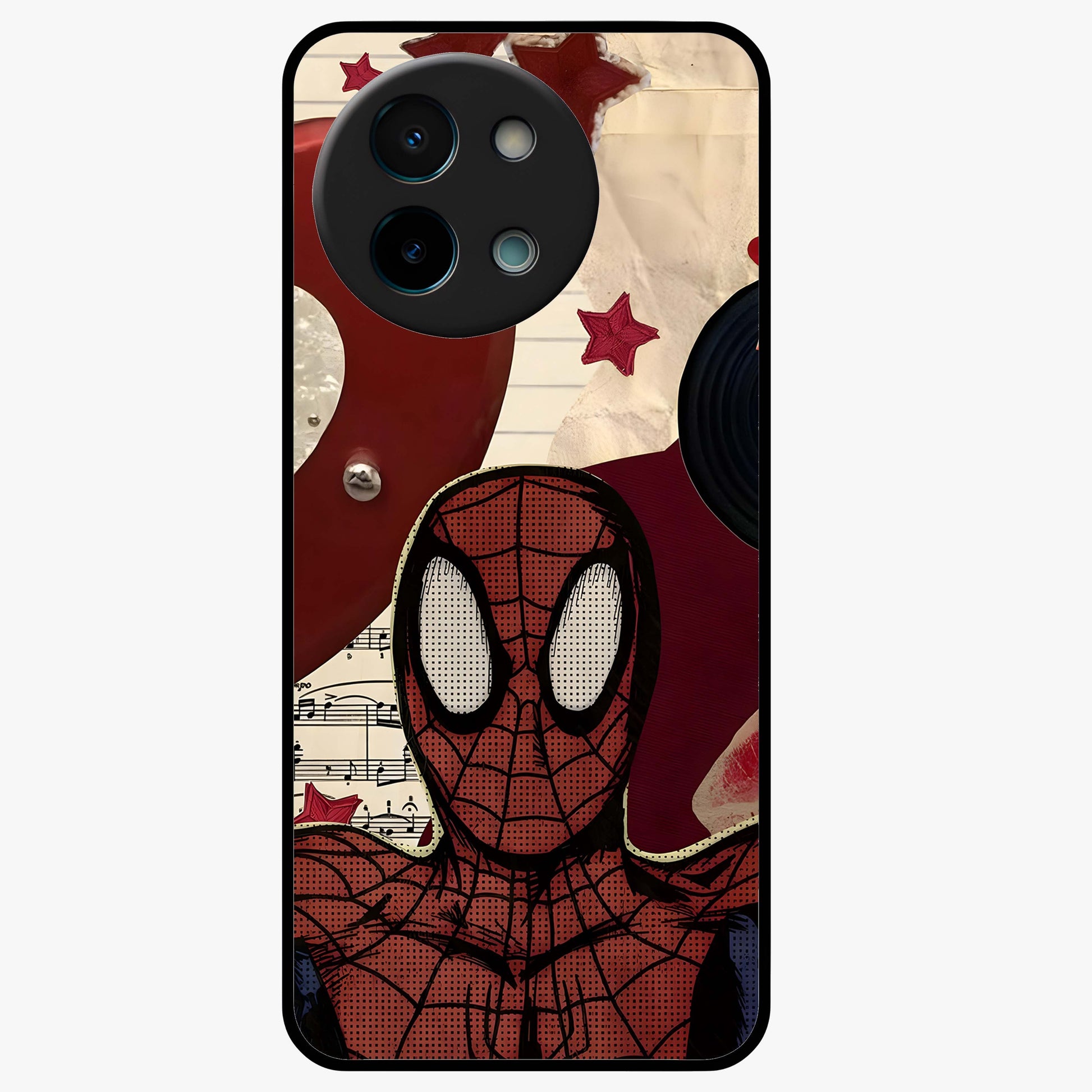 Web Warrior Vibes Glass Case showing flat back view with superhero inspired web themed artwork and glossy glass finish.