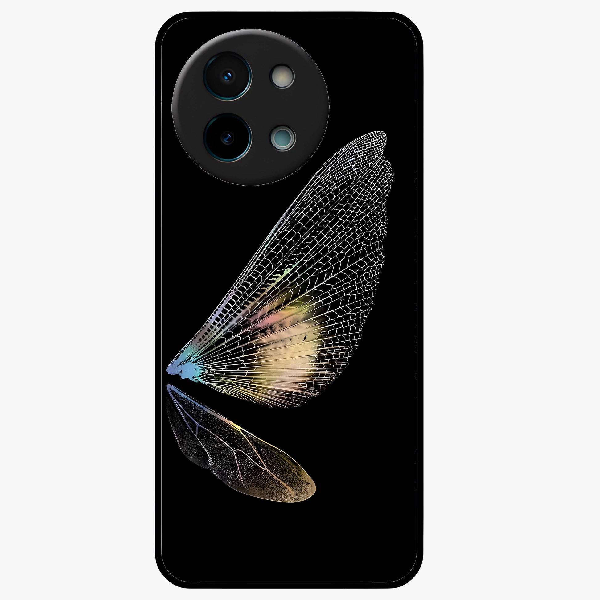 Whispers Of Wings Glass Case showing flat back view with graceful wing inspired artwork and glossy glass finish.