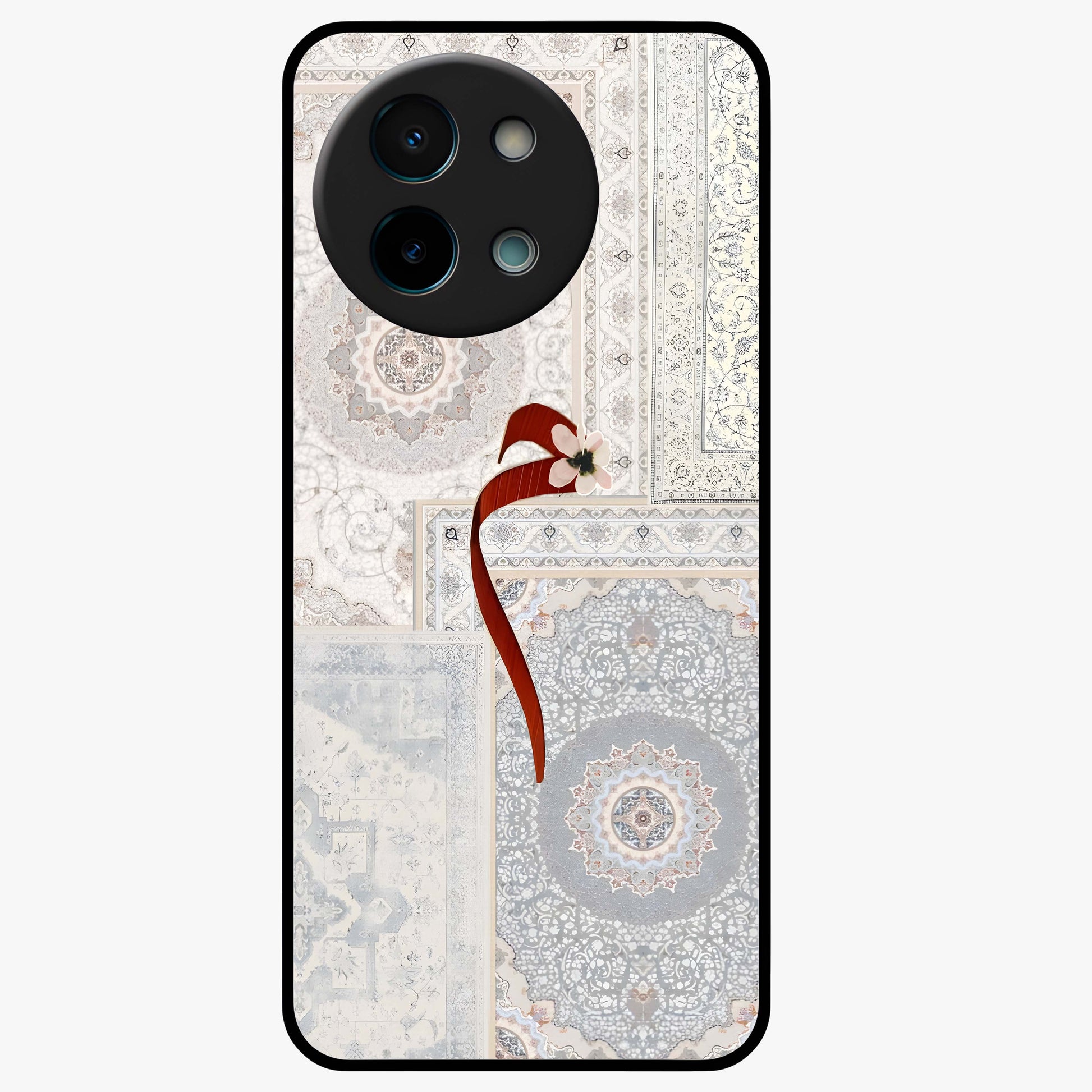 White Aesthetic Bow Glass Case showing flat back view with minimal bow artwork and glossy glass finish.