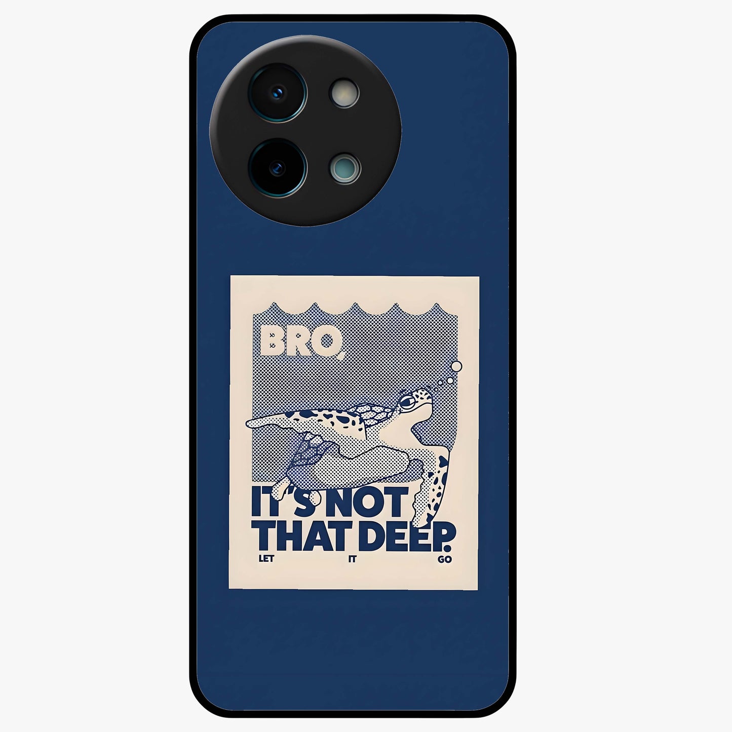 Worry Less Swim Glass Case showing flat back view with playful motivational artwork and glossy glass finish.