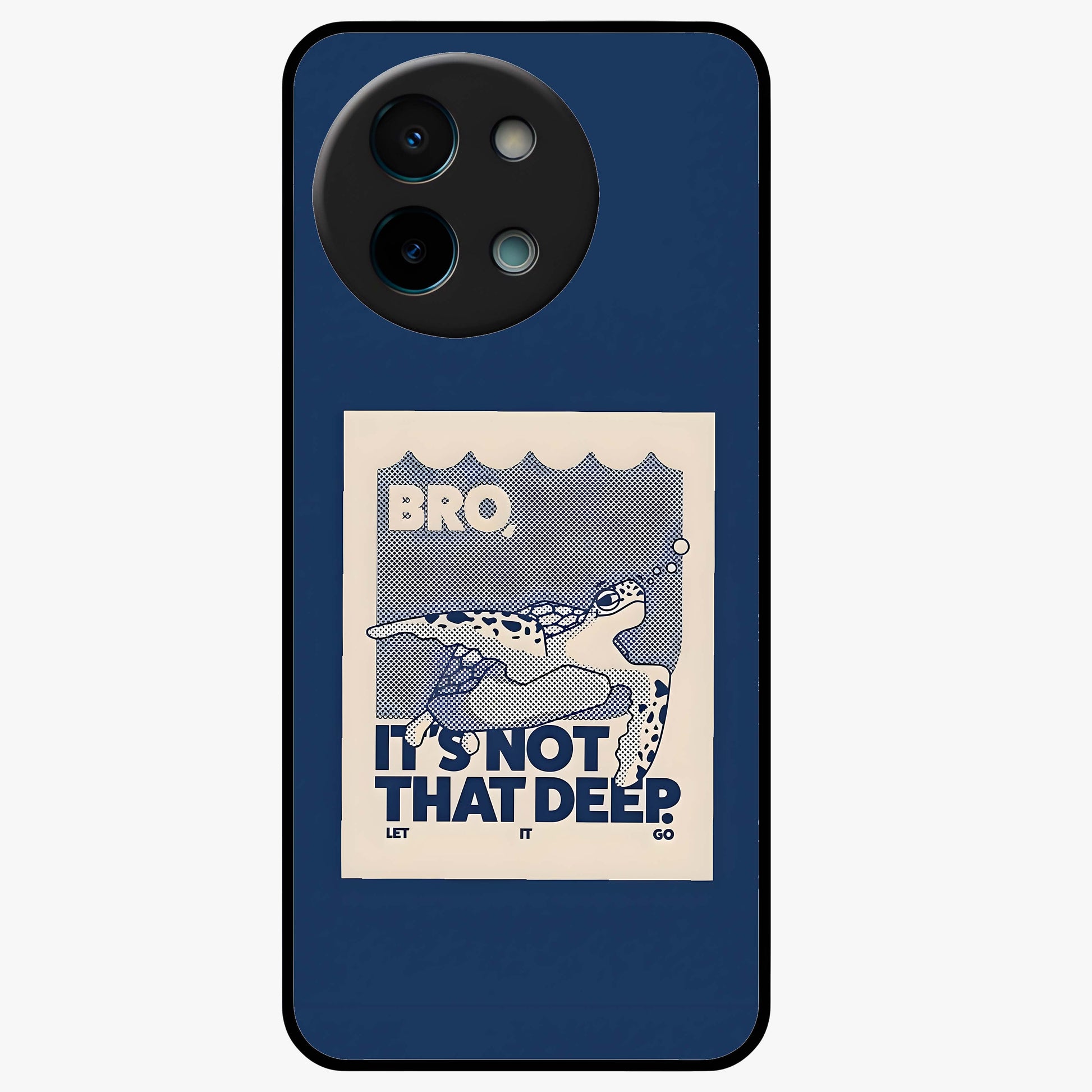 Worry Less Swim Glass Case showing flat back view with playful motivational artwork and glossy glass finish.