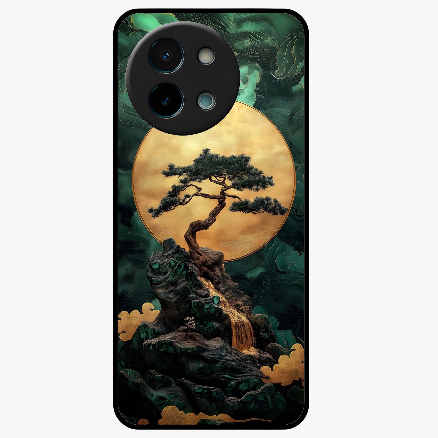 Zen Moon Rise Glass Case showing flat back view with calm moonrise artwork and glossy glass finish.