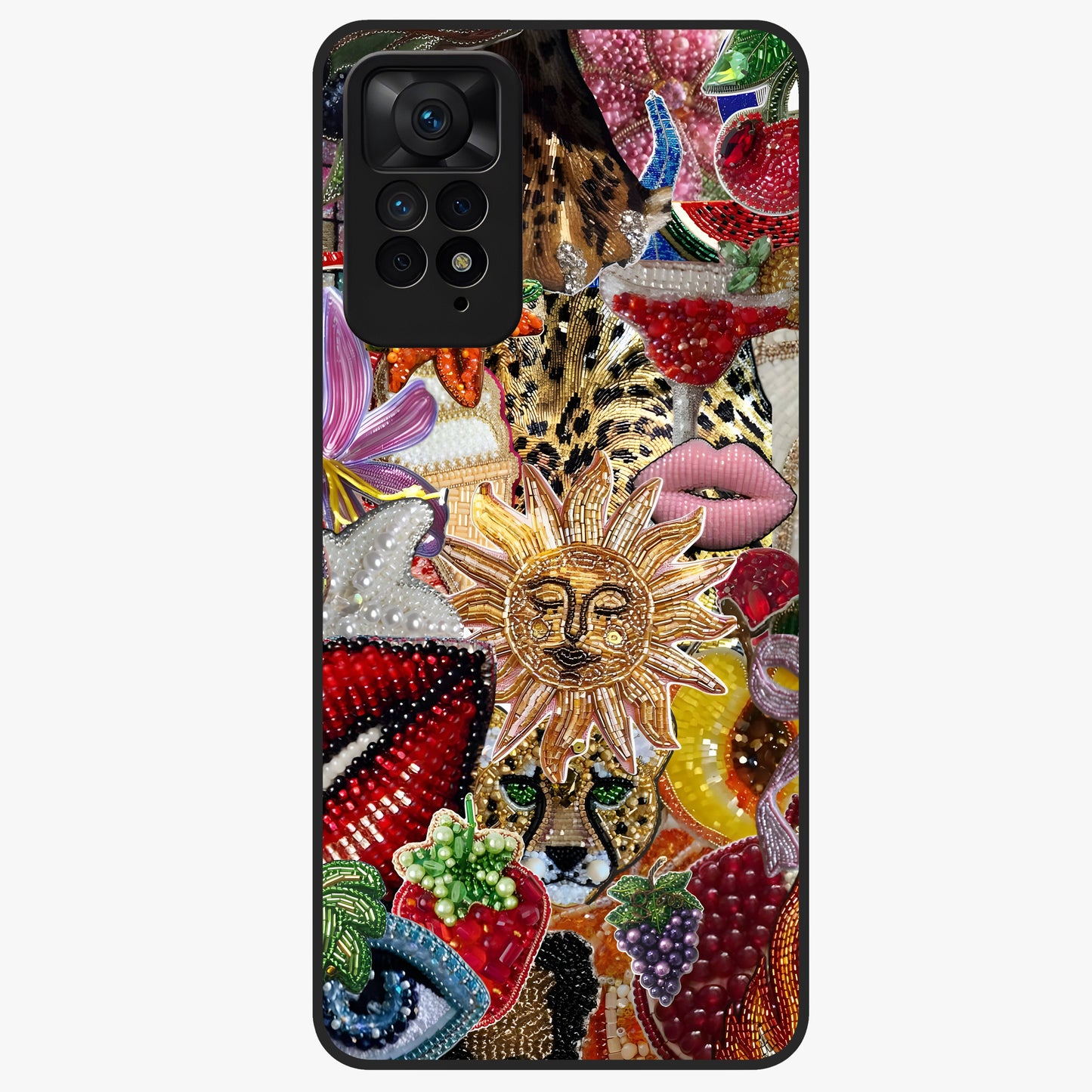 Beaded Fashion Jungle Glass Case showing flat back view with vibrant jungle inspired bead artwork and glossy glass finish.