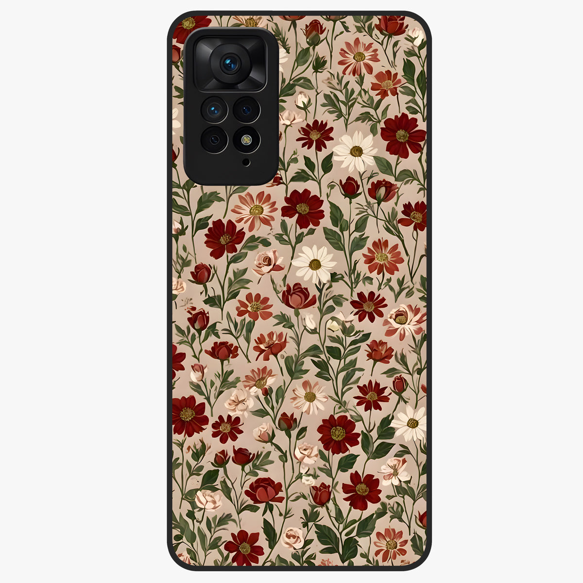 Biege Flower With Leaf Glass Case showing flat back view with soft beige floral artwork and glossy glass finish.