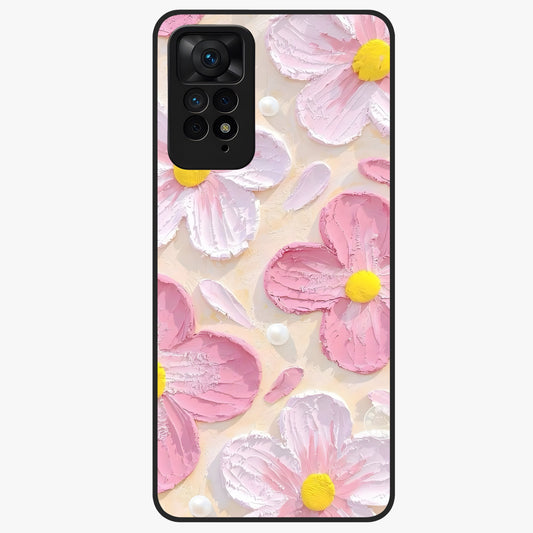 Blush Bloom Texture Glass Case showing flat back view with soft blush floral texture artwork and glossy glass finish.