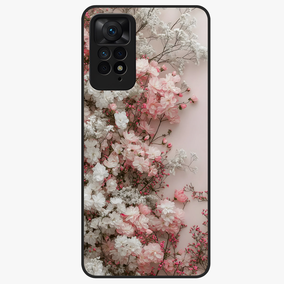 Blush Blossom Cloud Glass Case showing flat back view with dreamy blush cloud blossom artwork and glossy glass finish.