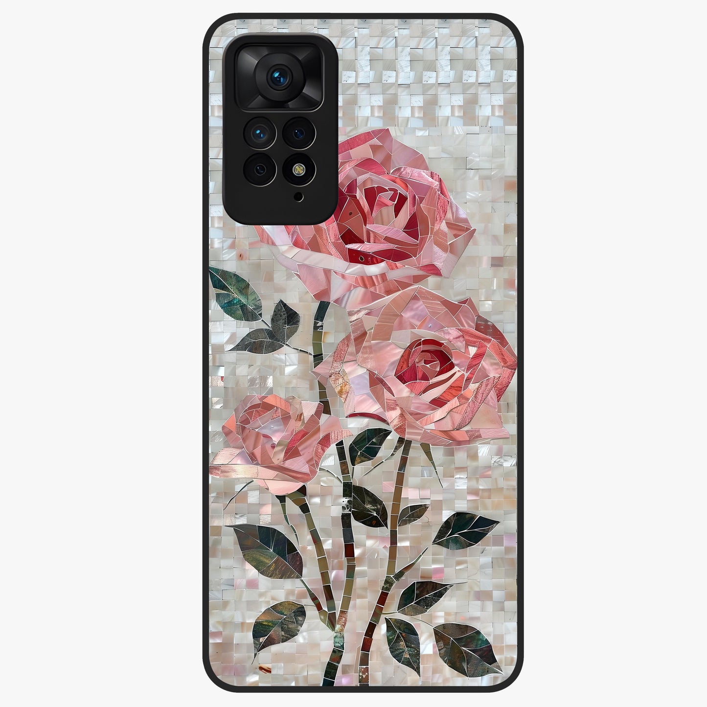 Blush Mosaic Bloom Glass Case showing flat back view with mosaic floral bloom artwork and glossy glass finish.
