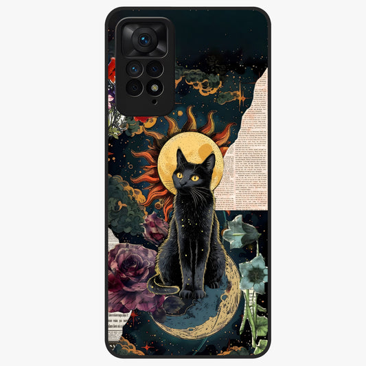 Celestial Black Cat Glass Case showing flat back view with mystical black cat artwork and glossy glass finish.