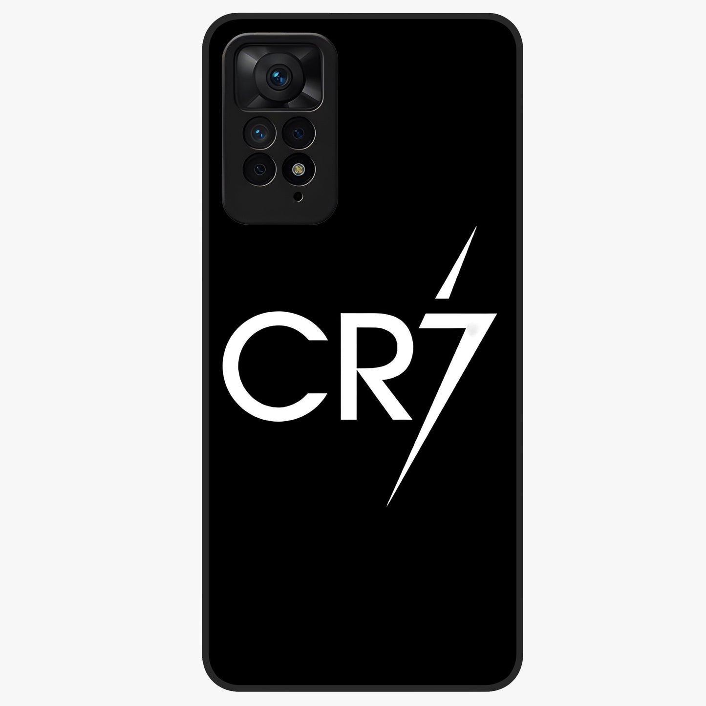 Cr7 Elite Strike Glass Case showing flat back view with dynamic football inspired artwork and glossy glass finish.