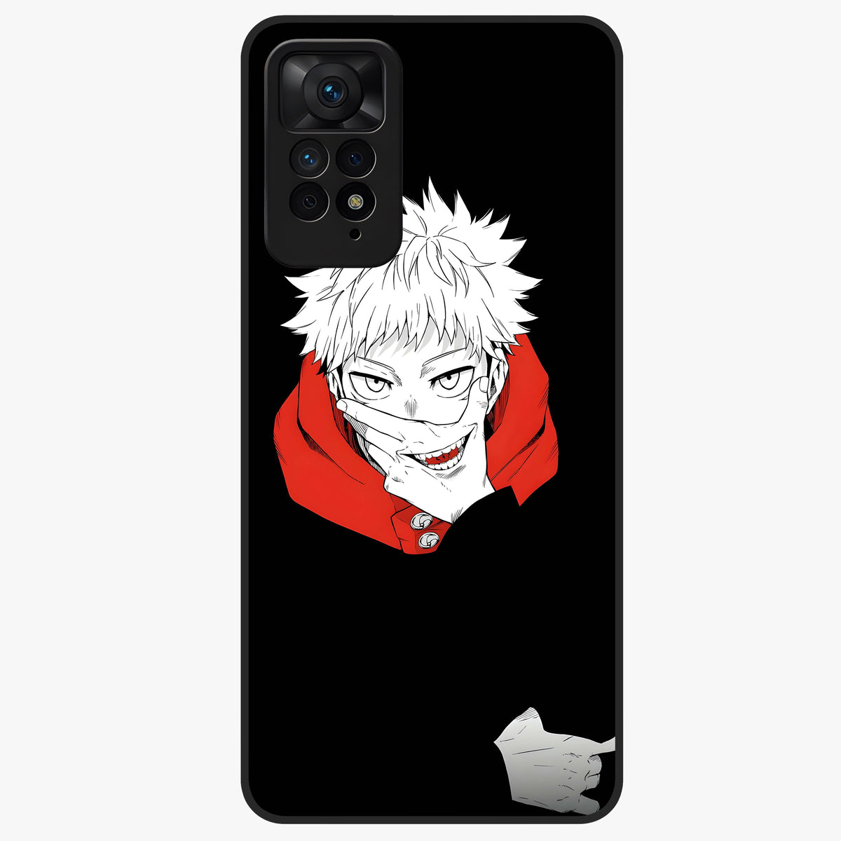 Crimson Chaos Smile Glass Case showing flat back view with bold chaotic smile artwork and glossy glass finish.