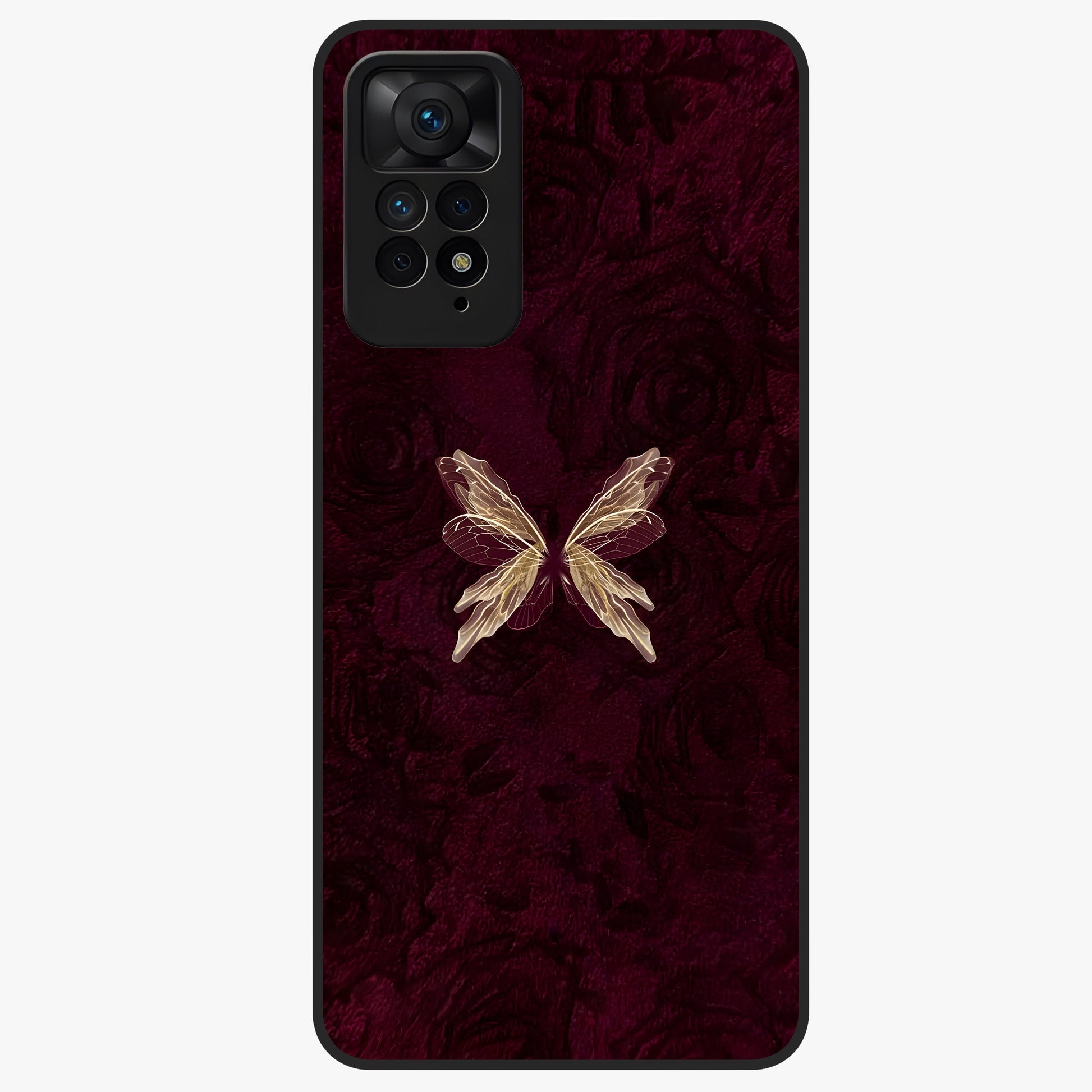Crimson Fade Butterfly Glass Case showing flat back view with fading butterfly artwork and glossy glass finish.