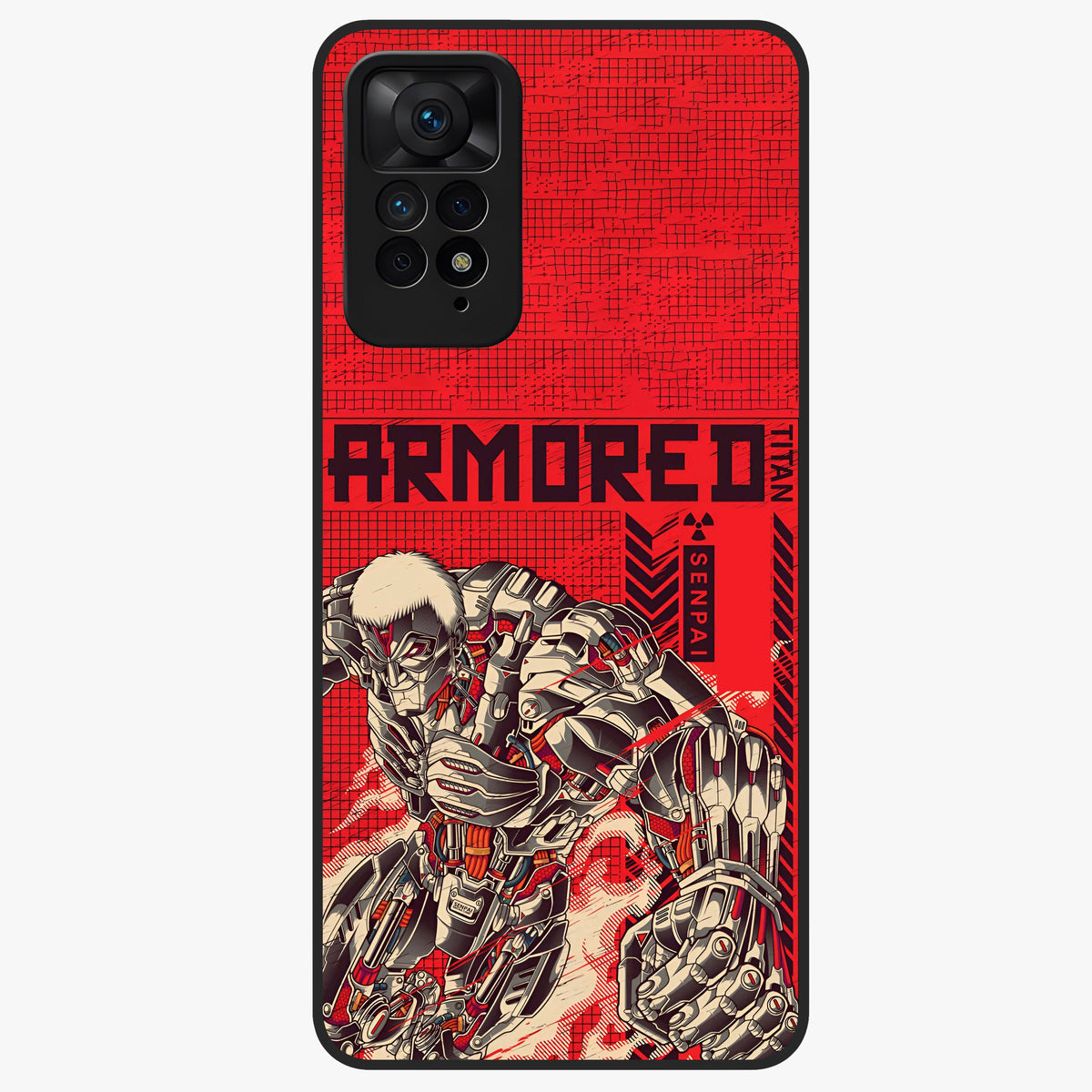 Crimson Mecha Titan Glass Case showing flat back view with powerful mech titan artwork and glossy glass finish.