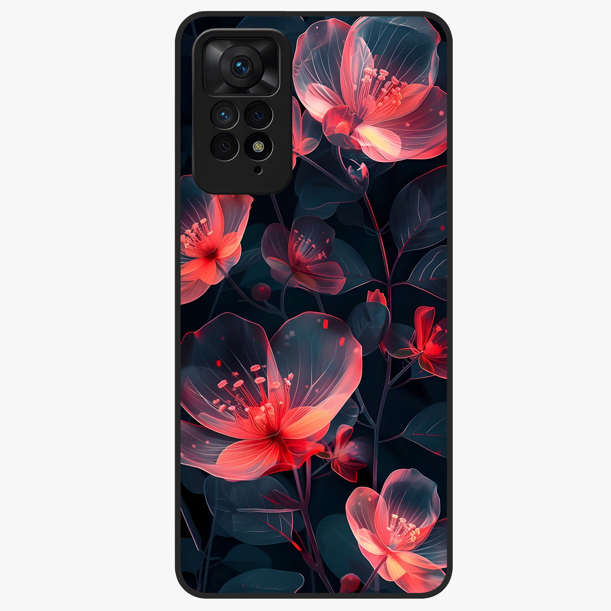 Dark Shade of Flower Glass Case showing flat back view with elegant dark floral artwork and glossy glass finish.