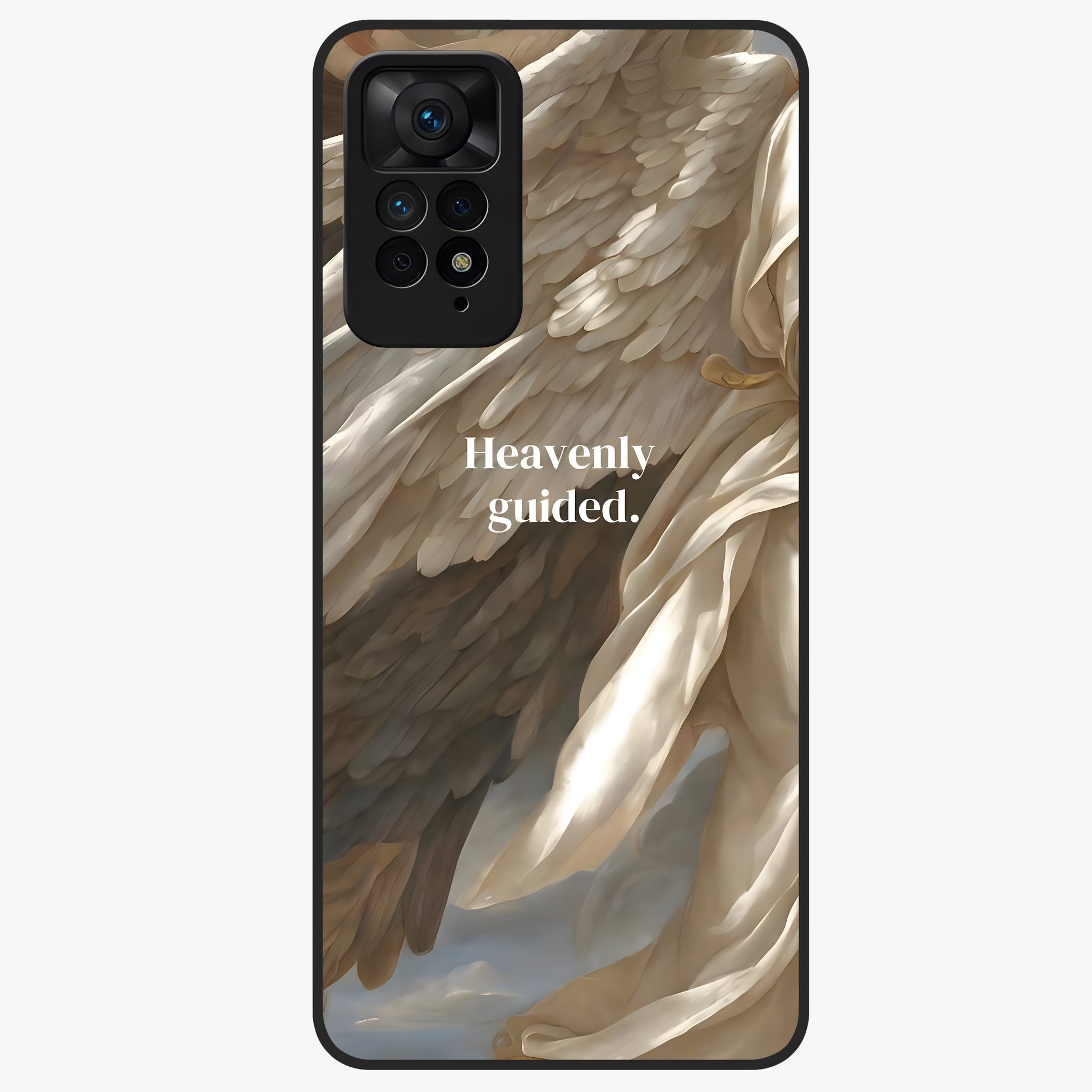 Divine Winged Grace Glass Case showing flat back view with elegant wing inspired artwork and glossy glass finish.