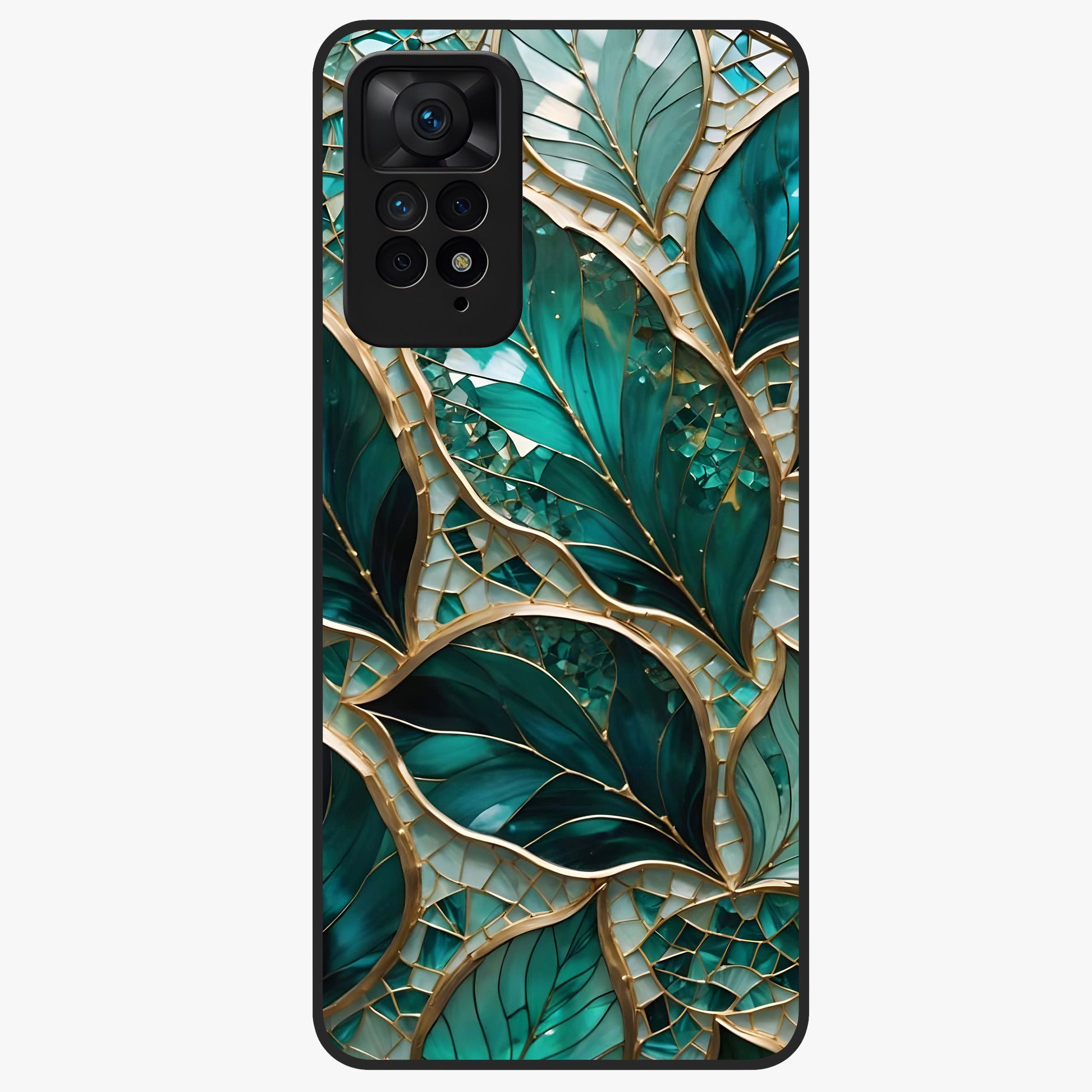 Emerald Leaf Glass Glass Case showing flat back view with emerald green leaf artwork and glossy glass finish.