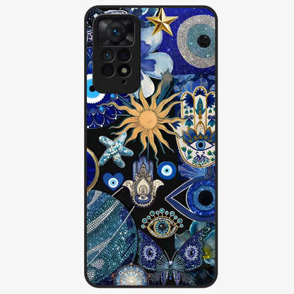 Evil Eye Charm Mix Glass Case showing flat back view with multiple evil eye charms artwork and glossy glass finish.