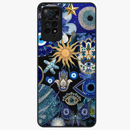 Evil Eye Charm Mix Glass Case showing flat back view with multiple evil eye charms artwork and glossy glass finish.