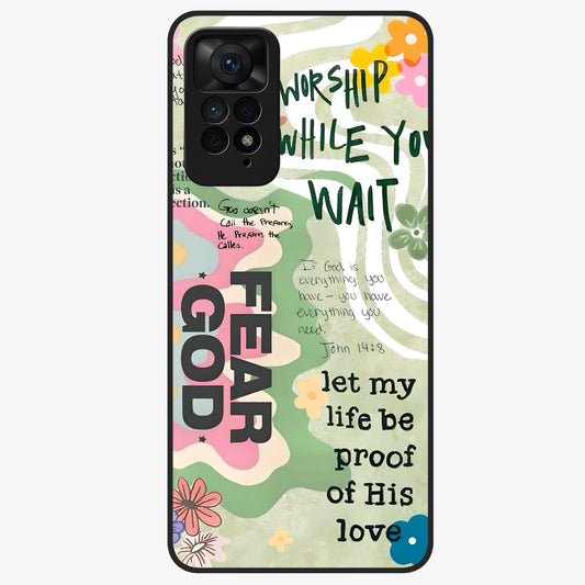Faith Over Fear Glass Case showing flat back view with motivational typography artwork and glossy glass finish.
