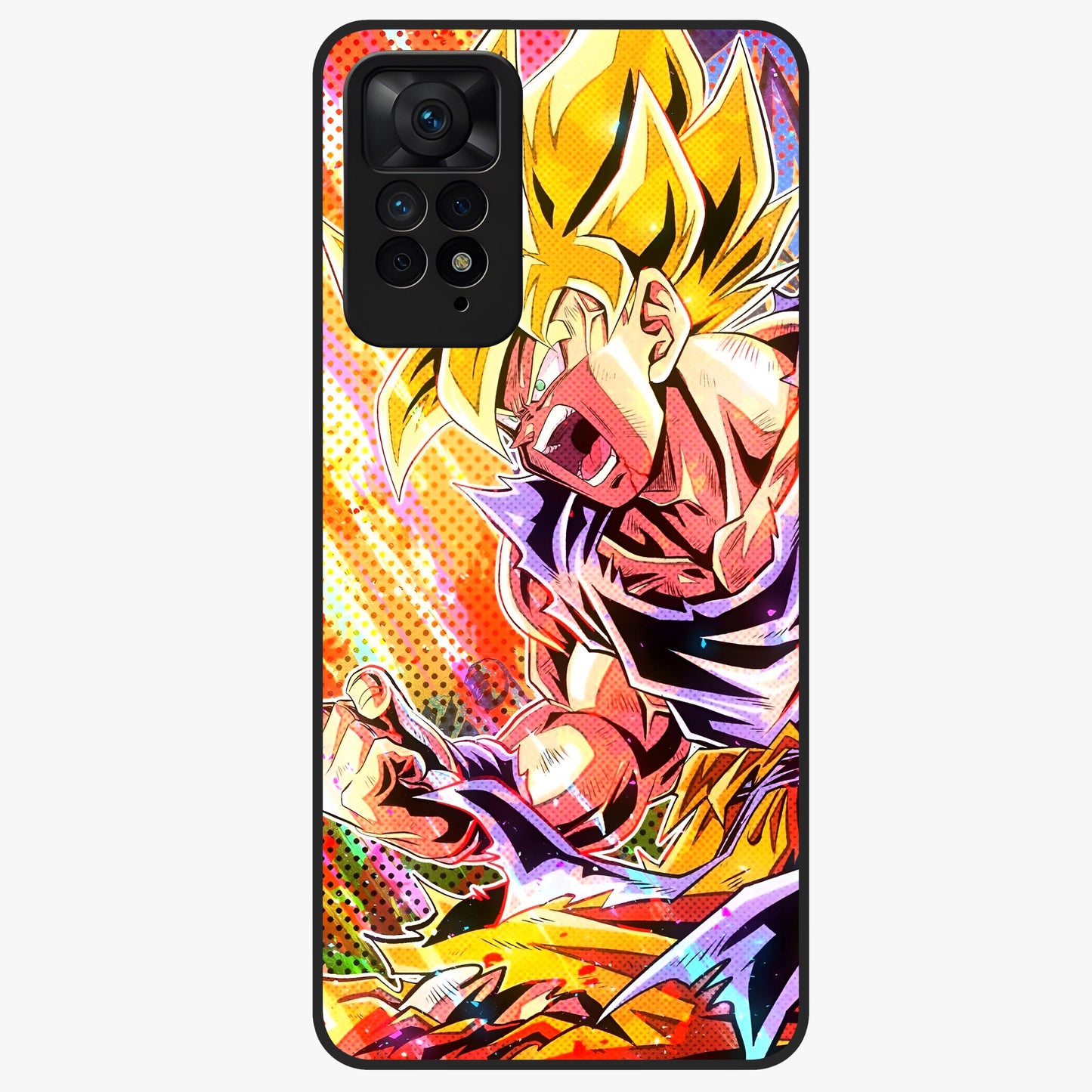 Firing Goku Glass Case showing flat back view with powerful anime inspired artwork and glossy glass finish.